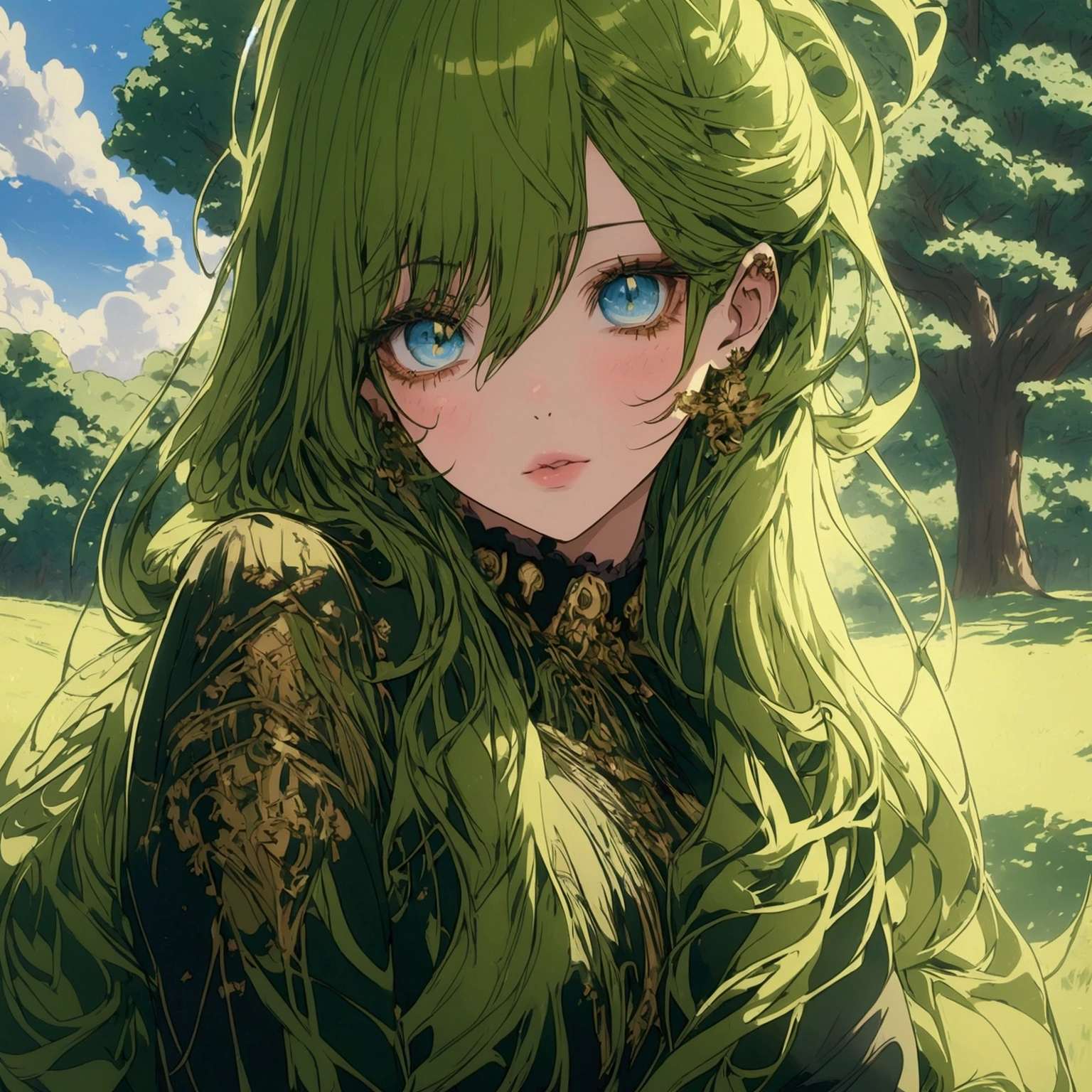 detailed anime girl, beautiful detailed eyes, beautiful detailed lips, extremely detailed face sitting on a green valley, green lush and trees around her, make the scene to life, detailed sky, detailed trees, detailed clouds, vibrant colors, cinematic lighting, 8k, high quality, masterpiece, intricate details