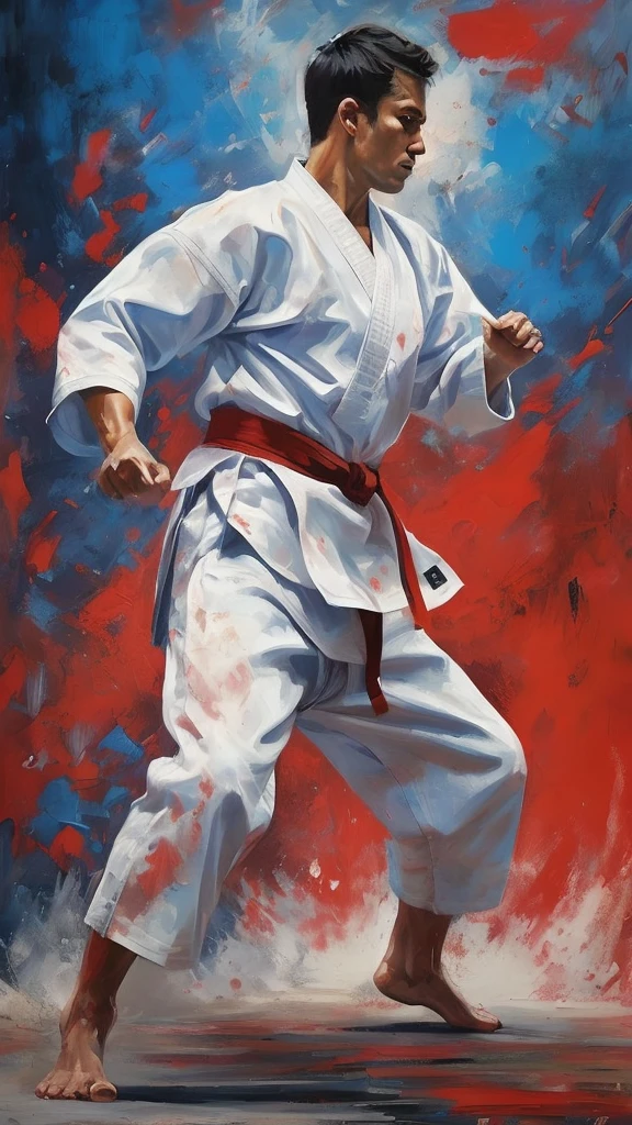 painting of a man in a karate kimono is kicking a ball, inspired by Kanō Eitoku, inspired by Gatōken Shunshi, inspired by Shibata Zeshin, karate, inspired by Kanō Tanshin, karate kick, makoto oil painting, inspired by Kanō Shōsenin, inspired by Tōichi Katō, martial arts