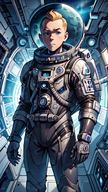 (1man, Tintin,1boy), (extremely detailed CG unit 8k wallpaper),(master part), (best quality), (ultra detail), (best illustration),(gothicpunkai), cowboy shot,(Sharp eyeliner, ombre, detailed eyes:1),Outer Space Station interiors background,break,(astronaut in a space suit),upper body,short hair,blonde hair, 