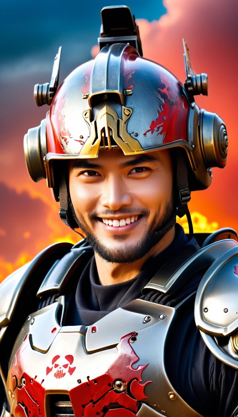 Close-up of a ((extremely handsome male warior)) , half human, half machine, their faces a bit partially obscured by military helmets. Their eyes are filled with hapiness and longing. The background is a trail of blood and violence. He wears a mechanized robot armor, carved with animal elements, human skulls. The sky is filled with swirling, fiery clouds. The photo conveys a strong sense of the warrior's appearance, ((smiling))