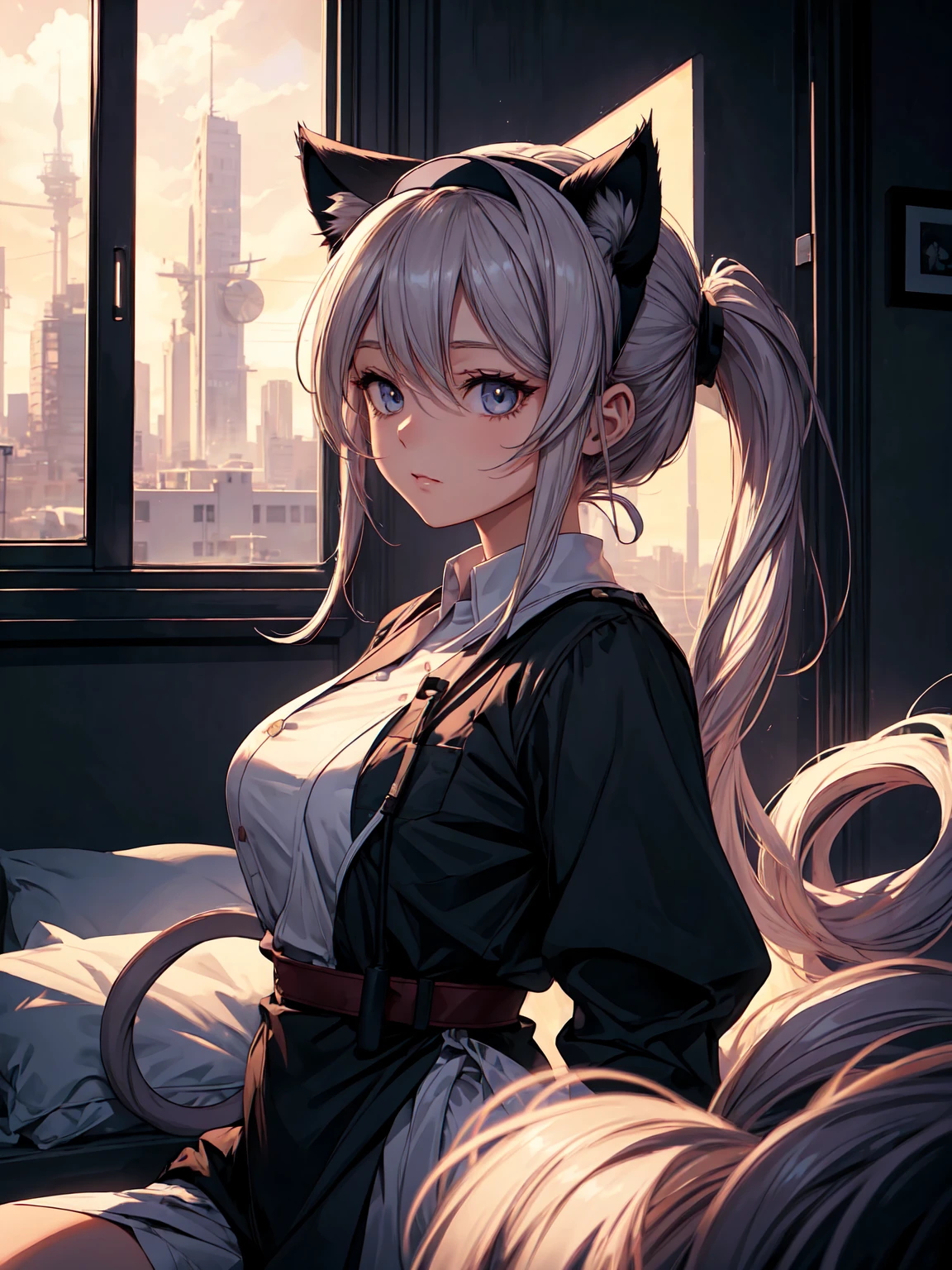 a beautiful young woman with long, flowing hair tied in a low ponytail, wearing a nurse's cap, large eyes, and cat ears, in a surrealistic, modern art style with a realistic silhouette, chiaroscuro lighting, and a first-person perspective, masterfully rendered in 16k 8K resolution