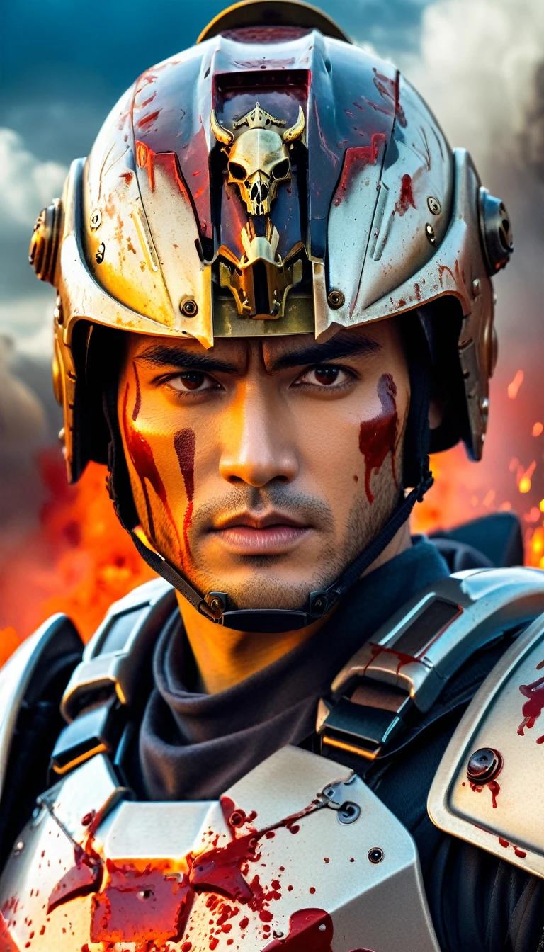 Close-up of a ((extremely handsome male warior)) , half human, half machine, their faces a bit partially obscured by military helmets. Their eyes are filled with sadness and longing. The background is a trail of blood and violence. He wears a mechanized robot armor, carved with animal elements, human skulls. The sky is filled with swirling, fiery clouds. The photo conveys a strong sense of the warrior's appearance