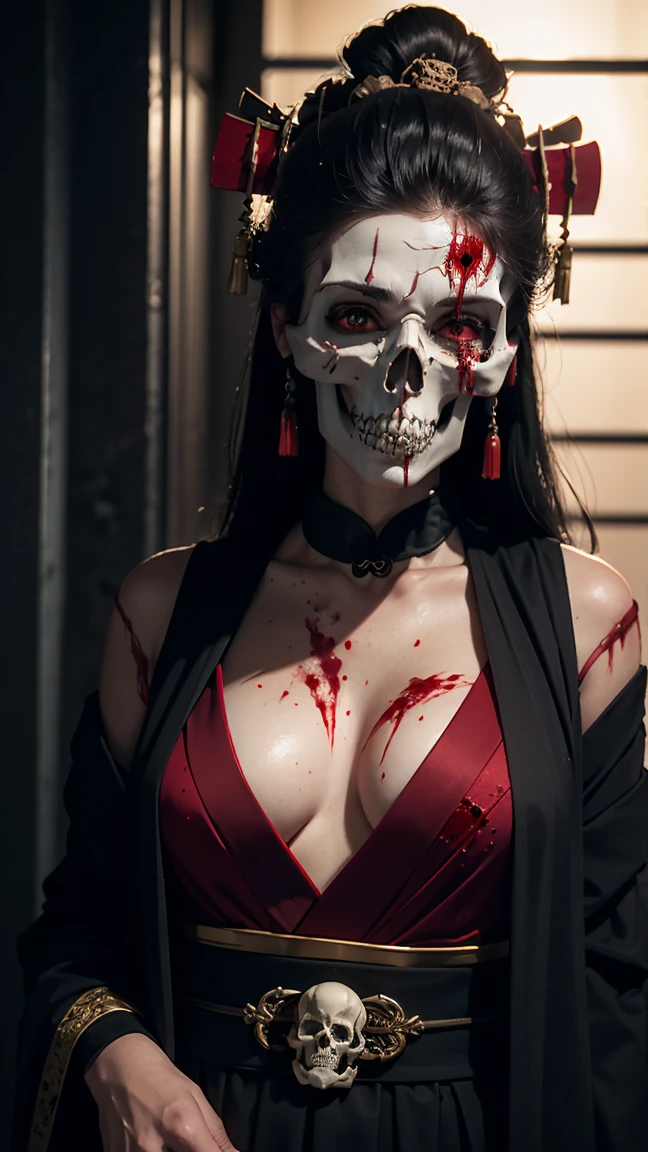 "(Best lighting, dark, dramatic),(Geisha skull spitting red ink, scar, sexy, brain, Blood, In the head, terrorism.),(Red eyes, Calaveras). Morning light.Abnormally long neck