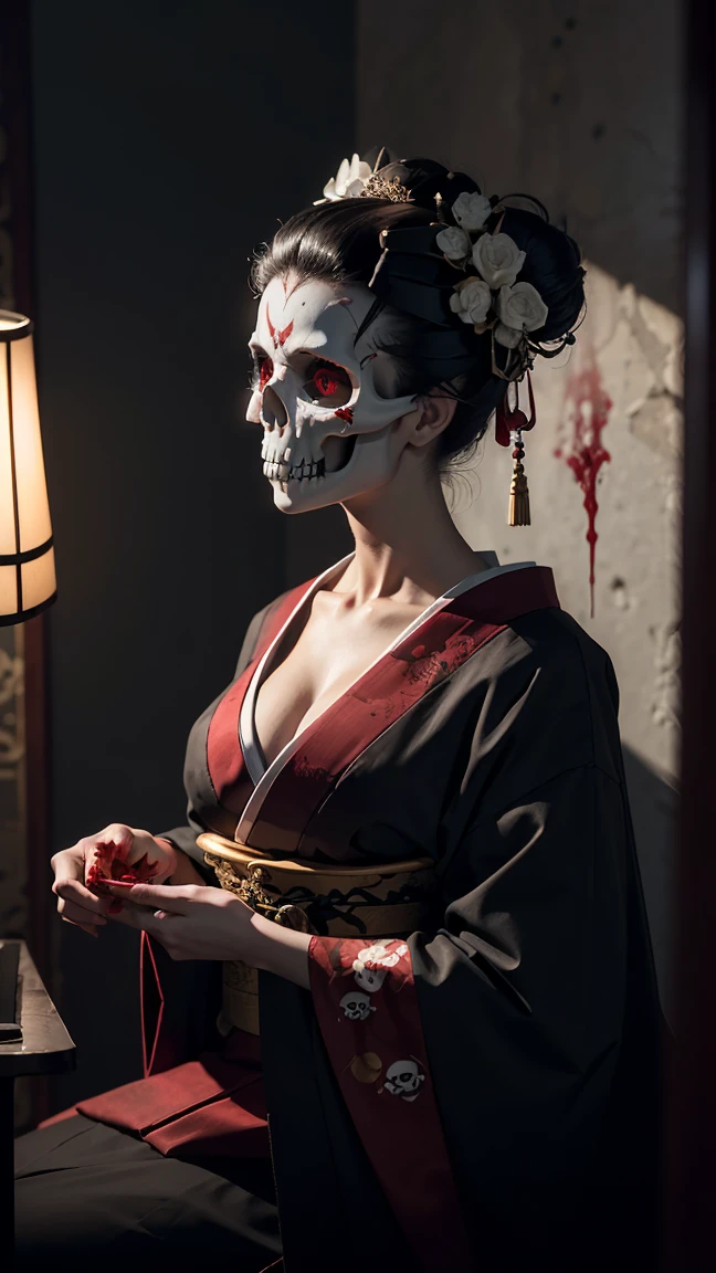 "(Best lighting, dark, dramatic),(Geisha skull spitting red ink, scar,  sexy, brain, Blood, In the head, terrorism.),(Red eyes, Calaveras). Morning light.Abnormally long neck