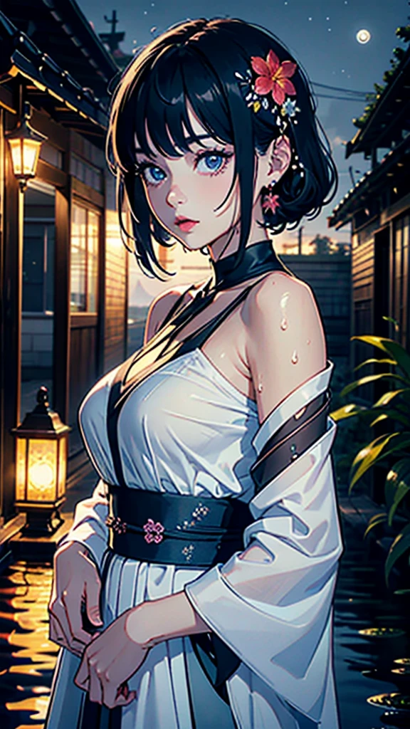 1 girl, chest, moon, lamp, nighttime, alone, large chest, hair accessories, wet, naked, pink nipples, ลุยwater, water, hair flower, flower, outdoor, sky, full moon, rain, black hair, off shoulder, mountain, cloud, Holding, sash, bare shoulders, paper lamp, stand, white kimono, nighttime sky, chestข้าง, heart, smooth, tree, from the side, reflection, short hair, cloudy sky, wet hair (((Masterpiece),(วอลล์เปเปอร์ CG unity 8k ที่มีรายVery detailed),best quality,,alone,1 girl,movie light,Detailed background,Beautifully detailed eyes,bright student, (Delicate and extremely beautiful),(Beautiful and detailed description of eyes)， Very detailed,Masterpiece,)),