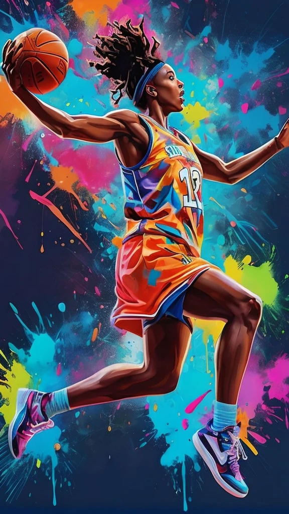 a painting of a basketball player with a ball in his hand, vibrant fan art, art of alessandro pautasso, posterized, details and vivid colors, vibrant colors hyper realism, adidas painting, extremely high quality artwork, stunning artwork, strong and vibrant colors, high detailed colors, digital painting highly detailed, full of colors and rich detail, vibrant digital painting