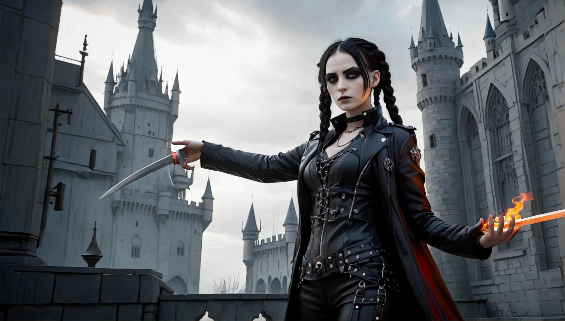 The image shows a young emo girl with black makeup, standing in front of a grand, cyberpunk-style castle. She has long, dark hair with two braids and wears a black, intricately detailed greatcoat adorned with skull motifs. Her expression is stern and determined, adding to her commanding presence.

In her right hand, she holds a curved, ornate khopesh, while her left hand is raised and glowing with a red, fiery energy, indicating that she possesses magical abilities. The background features the cyberpunk castle with tall spires and arches, enveloped in a moody, overcast sky. Fires burn on either side, contributing to the dark, ominous atmosphere.

The combination of her gothic attire, the khopesh sword, and the magical energy suggests a character who is both powerful and mysterious, set in a dark fantasy or supernatural setting.