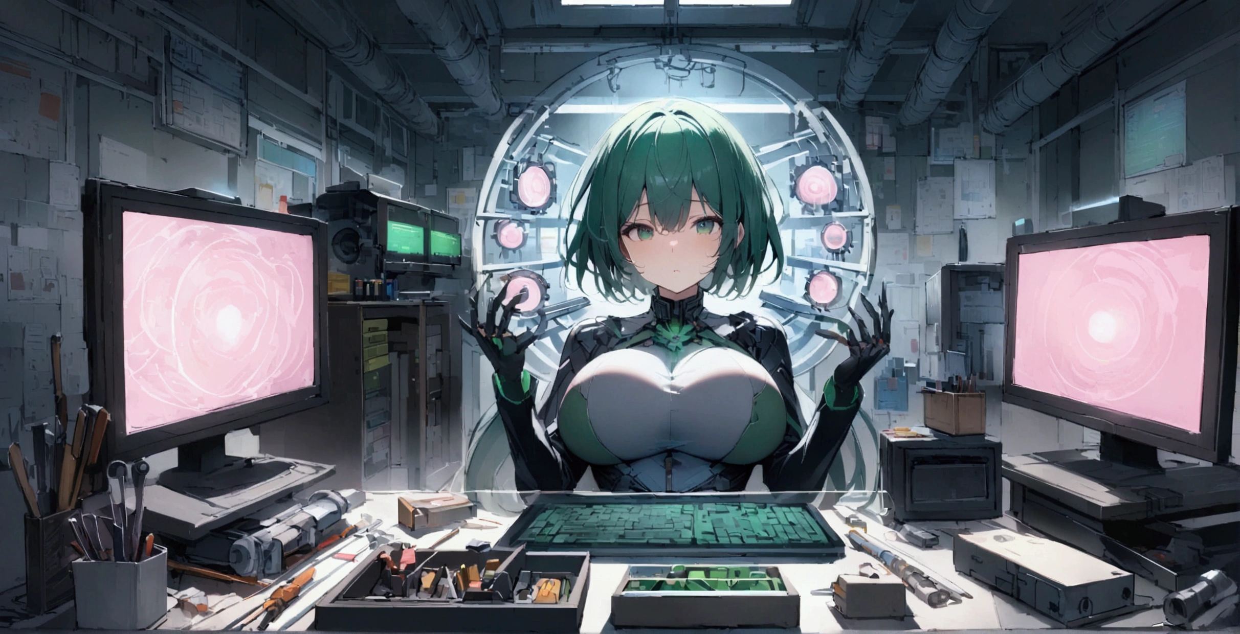 Room with multiple monitors、I work in marketing、automation、AI big breasts、tools、green