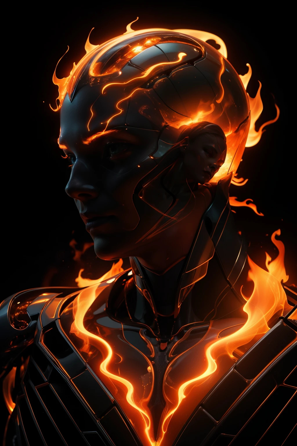 fire as part of human body, fiery, front facing, full body, front side, subsurface scattering, transparent, translucent skin, glow, bloom, Bioluminescent liquid,3d style,cyborg style,Movie Still,Leonardo Style, warm color, vibrant, volumetric light