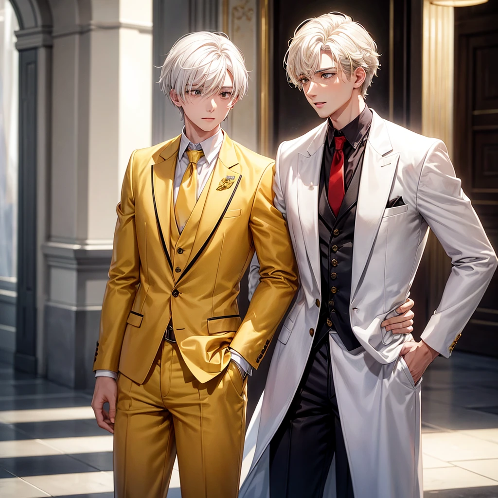 A young man with white hair, brown eyes with white suit and yellow tie, talking to your friend with red hair and casual clothes