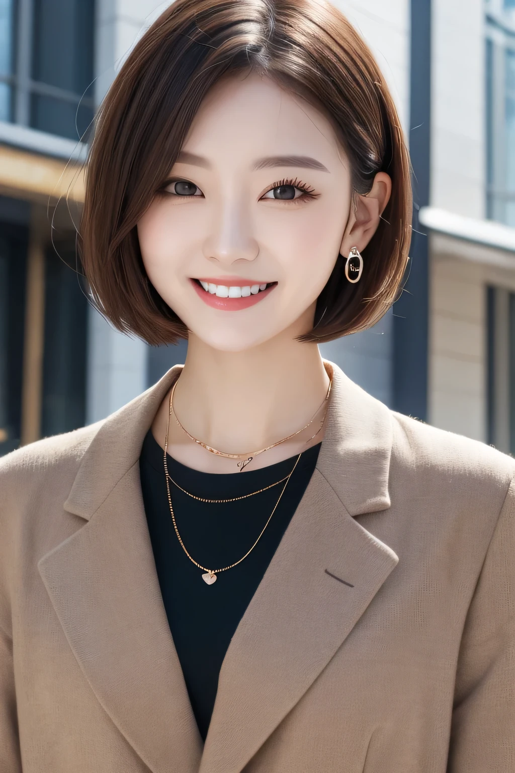 Highest quality, ,smile、Beautiful teeth alignment、Light brown hair、Short Haircut、Dark eyeliner、Jacket、shirt、ear piercing、necklace,、The background is the building&#39;s corridor.