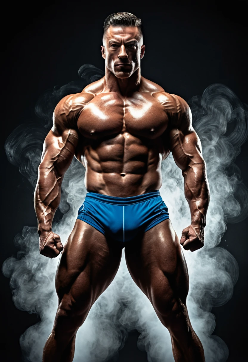 photorealistic of under exposure, an Olympic bodybuilder((muscle:1.8)(stance:1.2)), iconic back_double_biceps stance, back double biceps pose, seamless, light up eyes, texture and pattern, transparency effect,dramatic shadows, blurred edges, slow shutter speed motion photography, shot on Fuji Film XT4 camera f/2. ISO 200 dramatic lights, interlacing elements, front view, forward view, view from below, fantasy art, two tones, digital manipulated photo art, hyper-realistic, ultra-detailed, crisp clarity, high-contrast, luminous ambiance, rich textures, intricate patterns, vivid colors, cinematic lighting, photo realistic, accurate anatomical proportions, light background,