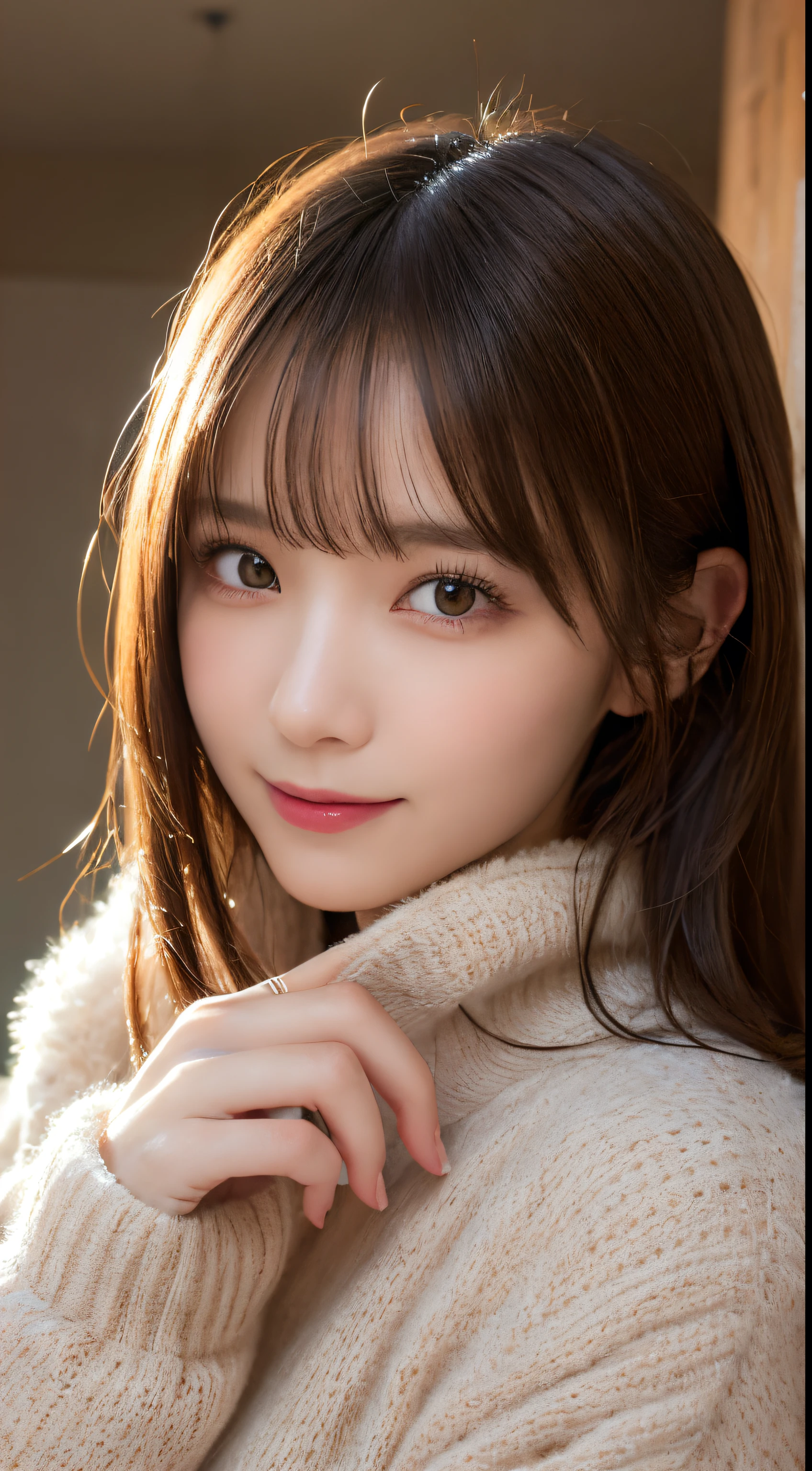Tabletop, Highest quality, figure, Very detailed, In detail, High resolution, 8k wallpaper, Perfect dynamic composition, Beautiful attention to detail, Fluffy winter clothes,Medium Hair,,Natural color lip,smile,Mansion(room)、20-year-old girl、cute、A sexy look for the camera,Perfect and beautiful face,Take close-up photos of your face,Take a picture of only the face