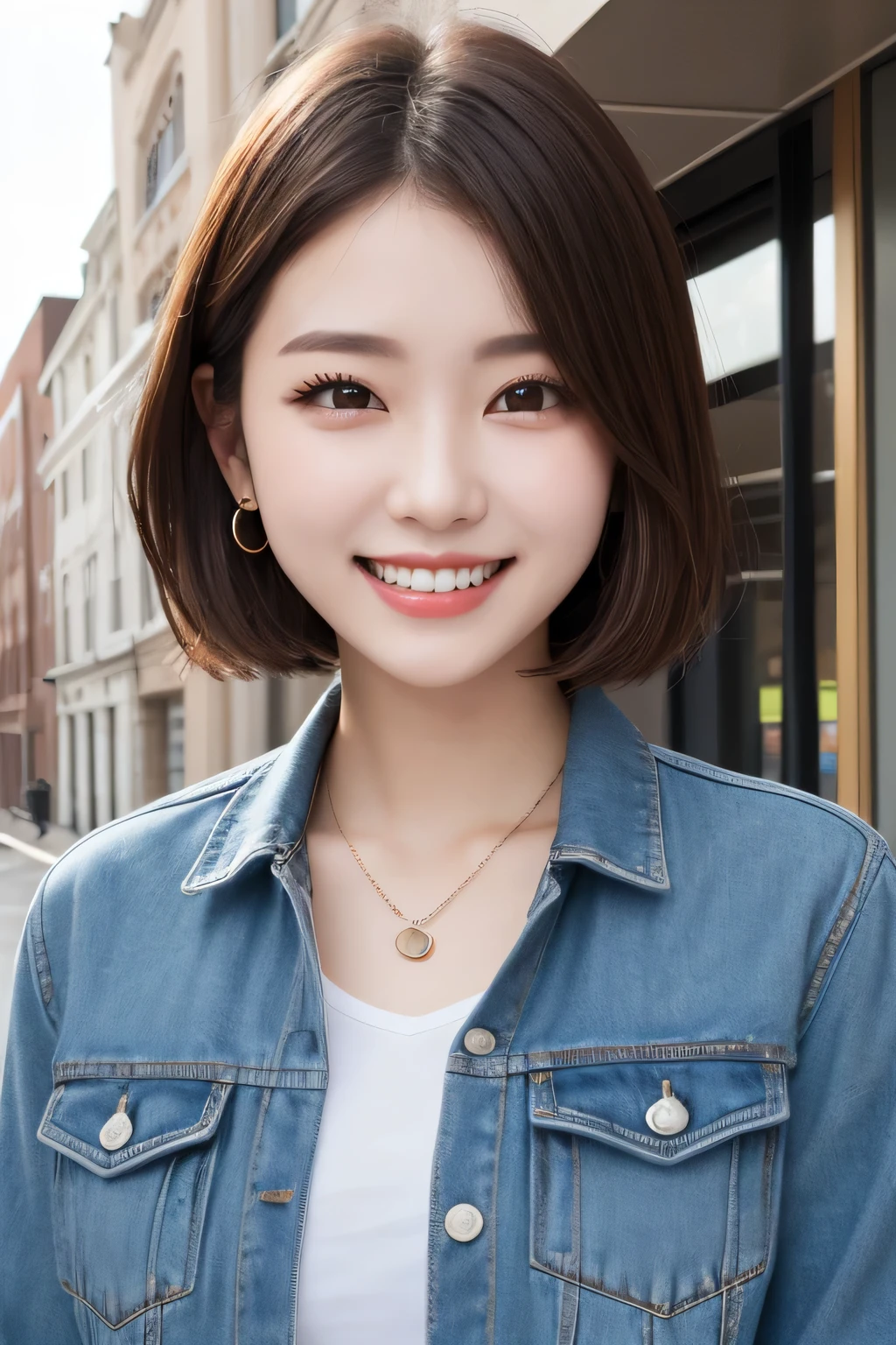 Highest quality, ,smile、Beautiful teeth alignment、Light brown hair、Short Haircut、Dark eyeliner、Jacket、shirt、ear piercing、necklace,、The background is the building's corridor.