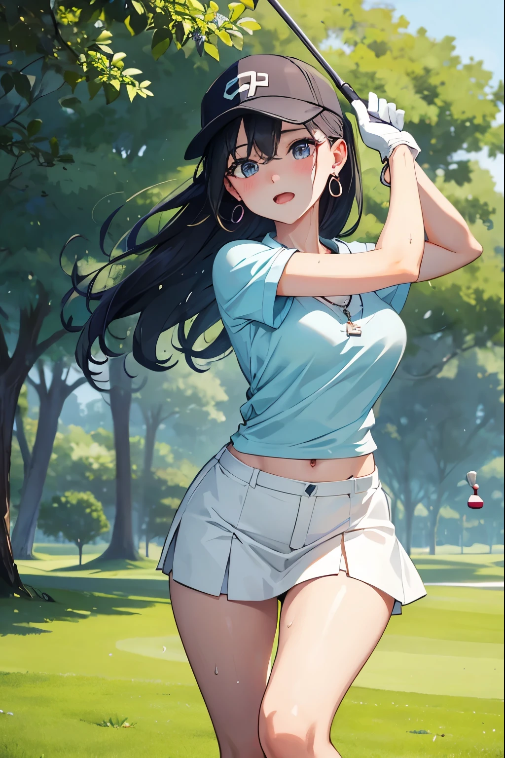Golf Beauty、Fleshy ladies、 Enchanting Girl、Cross-section、necklace、Adorable expression、Golf course run、1 realistic club、Earrings、Vibrant、Sweat、game、Full swing with driver、Holding a golf club、
