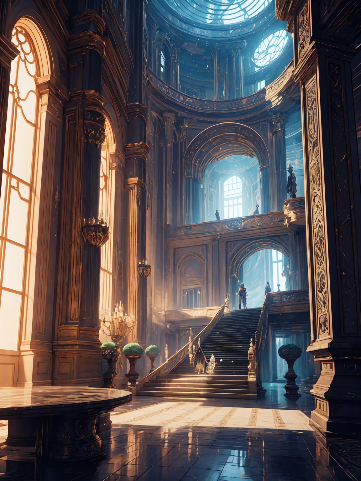 There is a large room with a staircase and a circular staircase, Futuristic Persian Palace, cgsociety Unreal Engine, An exquisitely designed throne room, Unreal Engine Rendering, Unreal Engine 5 : :, Futuristic Palace, Rendering with Lumion, Unreal Engine HD Rendering, Unreal Engine Rendering saint seiya, Rendering with Lumion pro, Unreal Engine 5 render, Unreal Engine 5 »
