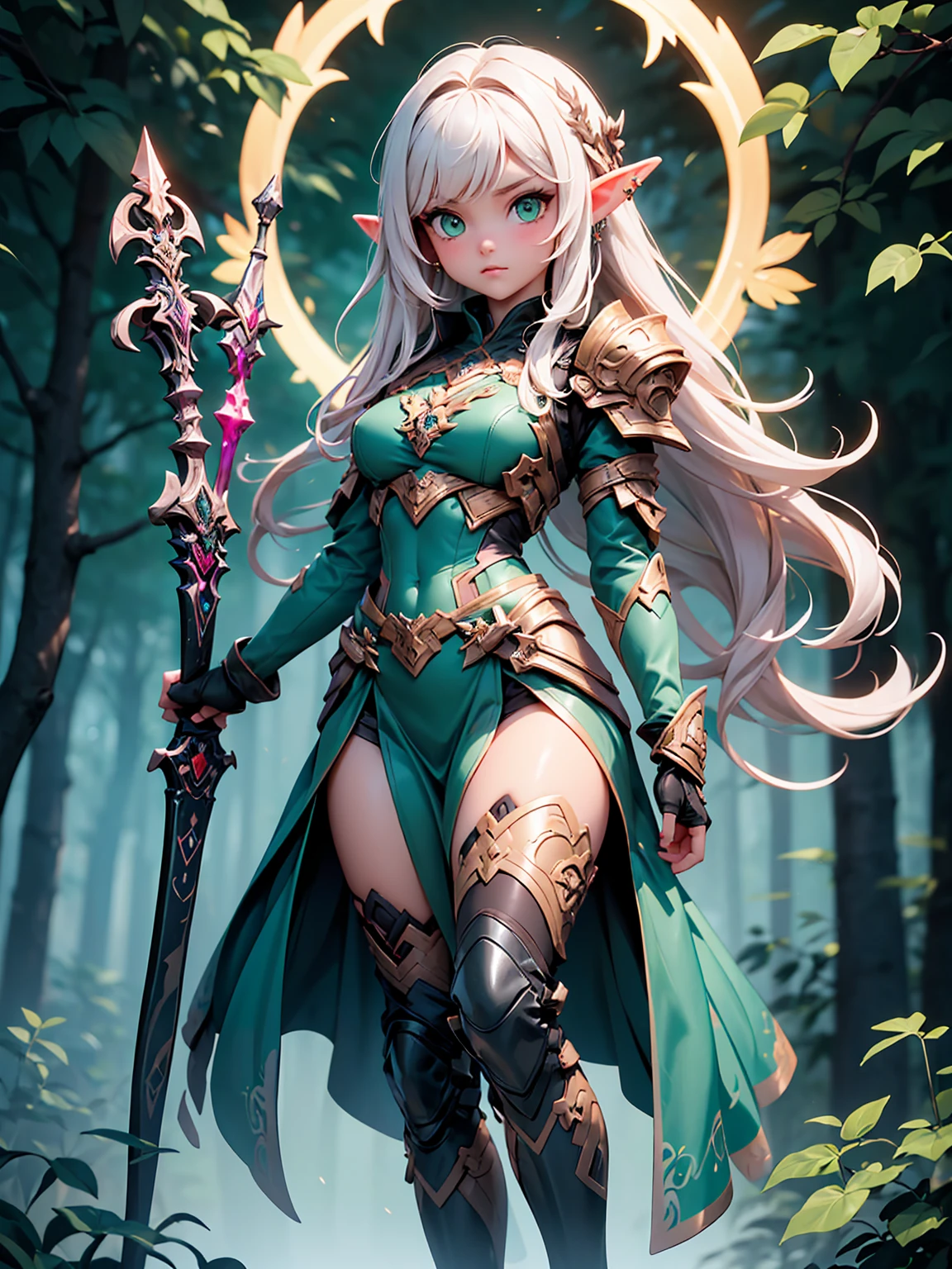 (((Masterpiece, best quality, high detailed, 8k))) Design a layout showcase Gaming character, (1girl). Light pink hair, green eyes, wearing a futuristic armor, wielding an empowering spear. (masterpiece:1.2), (best quality), ultra-detailed. (Step by step design, layout art:1.5), (luminous lighting, atmospheric lighting). Majestic elf in a magnificent forest with beautiful lighting. ((glove full hands)), intricate vambraces, high-tech legwear, (((full_body_shot:1.4))). The elf stands gracefully amidst ancient, towering trees, their leaves shimmering with a magical glow. The futuristic armor, a blend of sleek metal and glowing energy lines, contrasts beautifully with the natural surroundings. Her light pink hair flows softly around her, framing her elegant face with piercing green eyes that radiate wisdom and strength. The empowering spear she holds is adorned with mystical runes and a radiant crystal at its tip, pulsing with an ethereal light. She exudes an aura of power and serenity, perfectly harmonized with the enchanting beauty of the forest around her. Art style inspired by Artgerm, Kawacy, and Wadim Kashin.