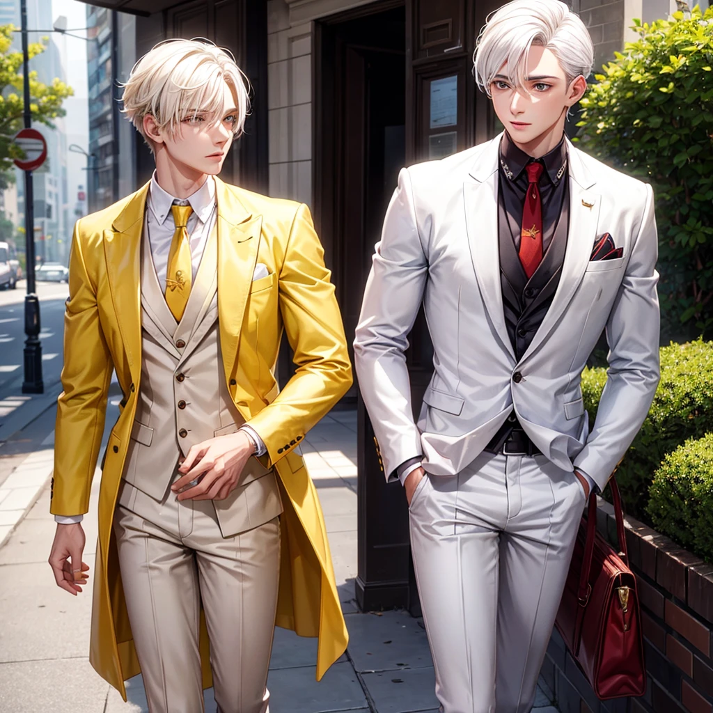A young man with white hair, brown eyes with white suit and yellow tie, talking to your friend with red hair and casual clothes 