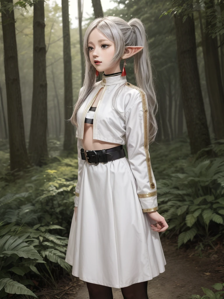 masterpiece, best quality, absurdres, 1girl, solo, FrierenBase, long hair, twintails, earrings, white capelet, striped shirt, horizontal stripes, long sleeves, belt, white skirt, gold-trim, black pantyhose, arms behind back, outdoors, forest, 