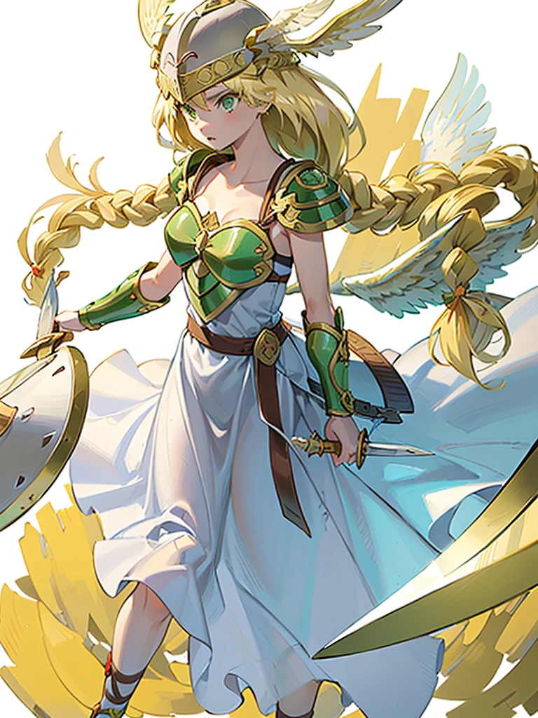 (White background,1girl:1.4),masterpiece,best quality,18yo, beautiful girl,BREAK,(sword,shield,Armor:1.5),(Helmet with wings:1.4),(Beautiful blonde,braid,Green Eyes:1.5),BREAK,(White Dress:1.3),(move chart:1.3),