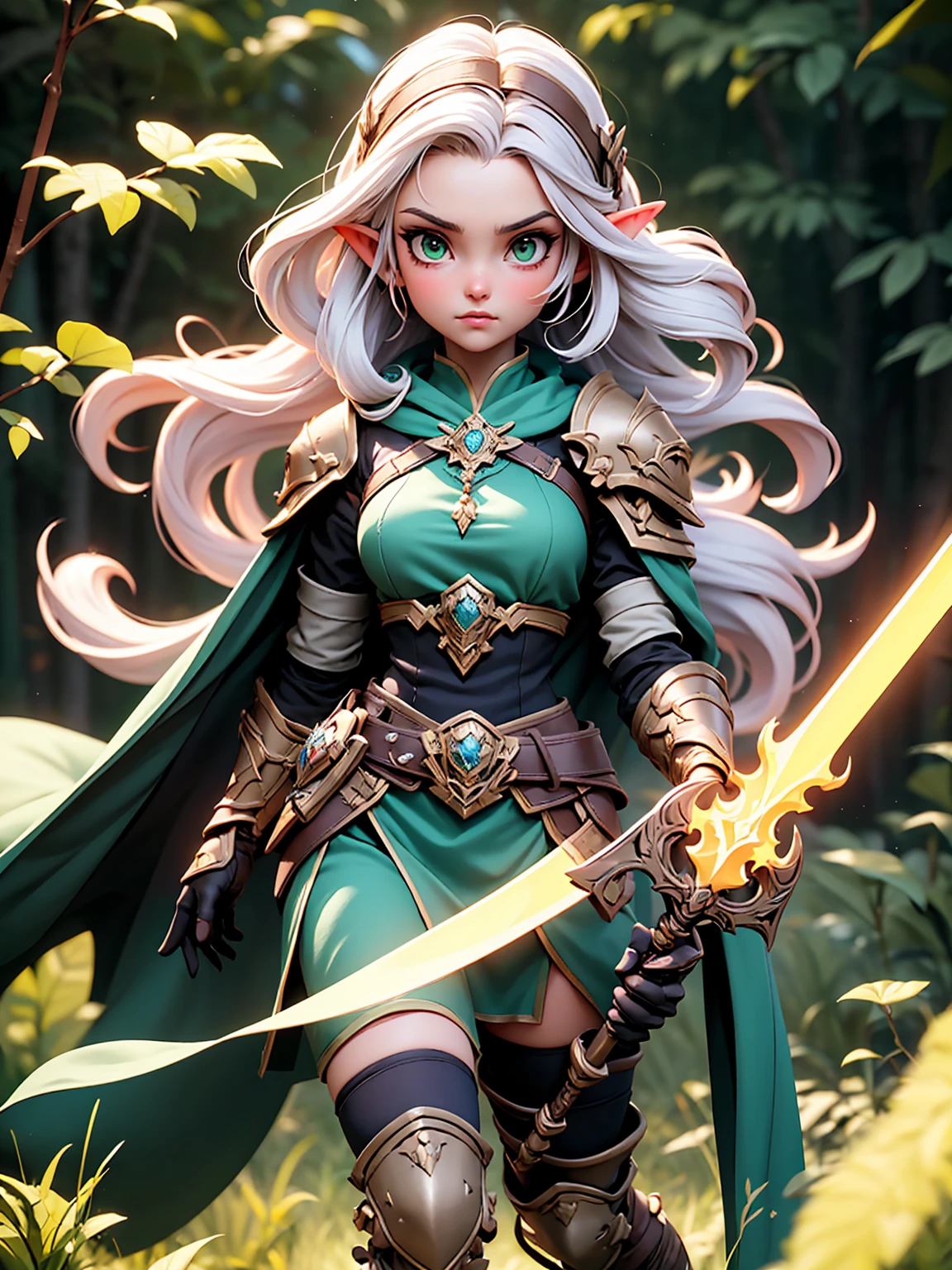 (((Masterpiece, best quality, high detailed, 8k))) Design a layout showcase Gaming character, (1girl). Light pink hair, green eyes, wearing a futuristic armor, wielding an empowering spear. (masterpiece:1.2), (best quality), ultra-detailed. (Step by step design, layout art:1.5), (luminous lighting, atmospheric lighting). Majestic elf in a magnificent forest with beautiful lighting. ((glove full hands)), intricate vambraces, high-tech legwear, (((full_body_shot:1.4))). The elf stands gracefully amidst ancient, towering trees, their leaves shimmering with a magical glow. The futuristic armor, a blend of sleek metal and glowing energy lines, contrasts beautifully with the natural surroundings. Her light pink hair flows softly around her, framing her elegant face with piercing green eyes that radiate wisdom and strength. The empowering spear she holds is adorned with mystical runes and a radiant crystal at its tip, pulsing with an ethereal light. She exudes an aura of power and serenity, perfectly harmonized with the enchanting beauty of the forest around her. Art style inspired by Artgerm, Kawacy, and Wadim Kashin.