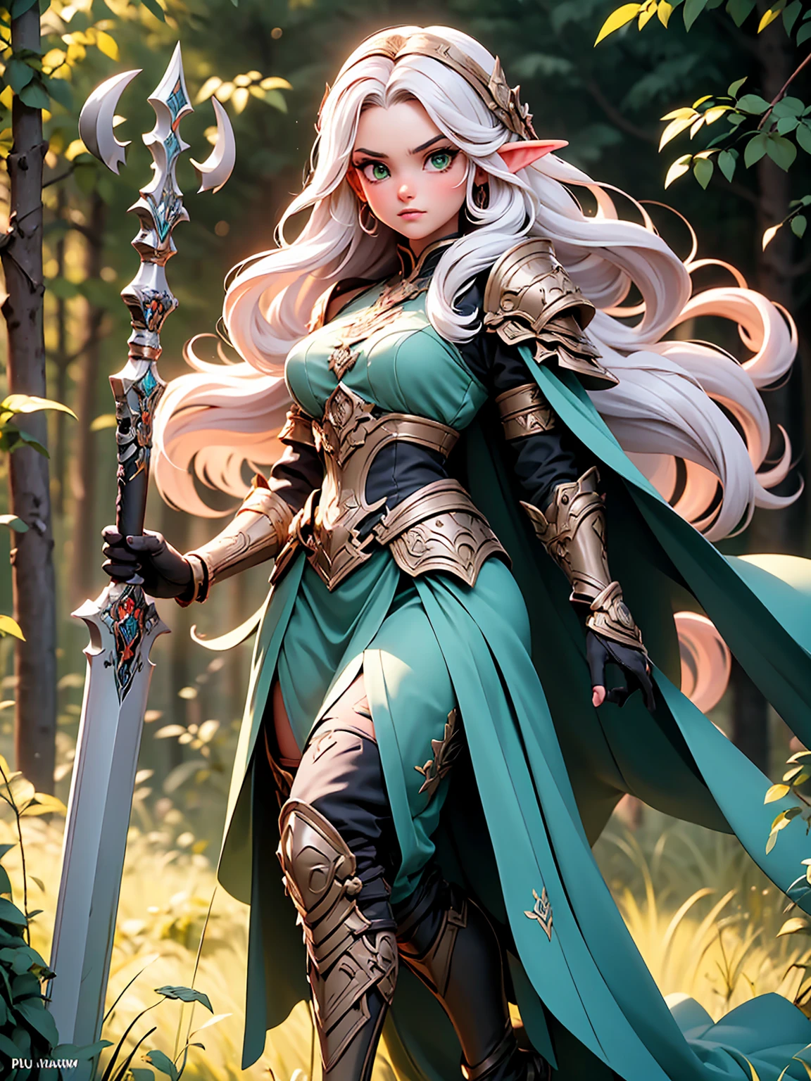 (((Masterpiece, best quality, high detailed, 8k))) Design a layout showcase Gaming character, (1girl). Light pink hair, green eyes, wearing a futuristic armor, wielding an empowering spear. (masterpiece:1.2), (best quality), ultra-detailed. (Step by step design, layout art:1.5), (luminous lighting, atmospheric lighting). Majestic elf in a magnificent forest with beautiful lighting. ((glove full hands)), intricate vambraces, high-tech legwear, (((full_body_shot:1.4))). The elf stands gracefully amidst ancient, towering trees, their leaves shimmering with a magical glow. The futuristic armor, a blend of sleek metal and glowing energy lines, contrasts beautifully with the natural surroundings. Her light pink hair flows softly around her, framing her elegant face with piercing green eyes that radiate wisdom and strength. The empowering spear she holds is adorned with mystical runes and a radiant crystal at its tip, pulsing with an ethereal light. She exudes an aura of power and serenity, perfectly harmonized with the enchanting beauty of the forest around her. Art style inspired by Artgerm, Kawacy, and Wadim Kashin.