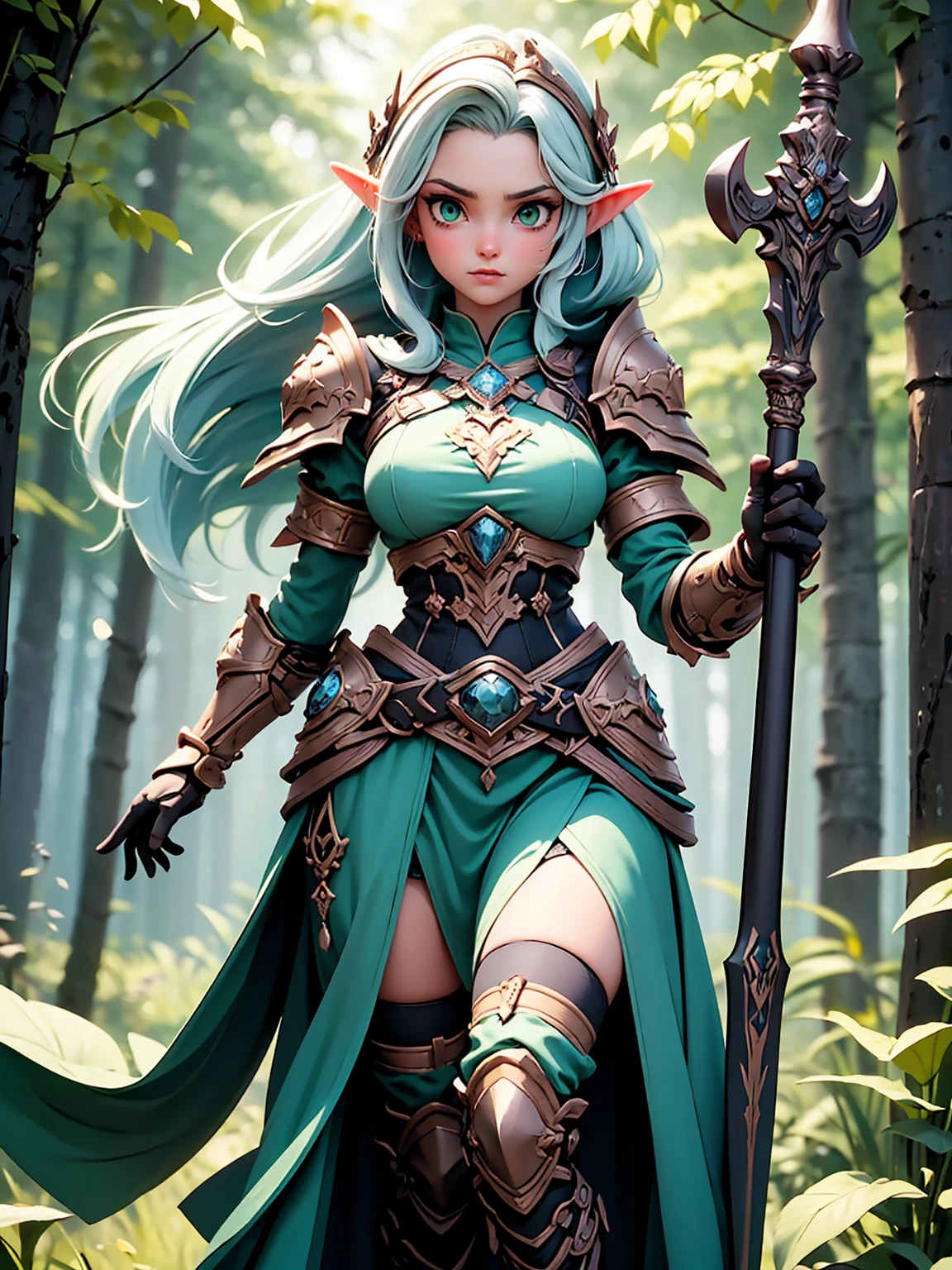 (((Masterpiece, best quality, high detailed, 8k))) Design a layout showcase Gaming character, (1girl). Light pink hair, green eyes, wearing a futuristic armor, wielding an empowering spear. (masterpiece:1.2), (best quality), ultra-detailed. (Step by step design, layout art:1.5), (luminous lighting, atmospheric lighting). Majestic elf in a magnificent forest with beautiful lighting. ((glove full hands)), intricate vambraces, high-tech legwear, (((full_body_shot:1.4))). The elf stands gracefully amidst ancient, towering trees, their leaves shimmering with a magical glow. The futuristic armor, a blend of sleek metal and glowing energy lines, contrasts beautifully with the natural surroundings. Her light pink hair flows softly around her, framing her elegant face with piercing green eyes that radiate wisdom and strength. The empowering spear she holds is adorned with mystical runes and a radiant crystal at its tip, pulsing with an ethereal light. She exudes an aura of power and serenity, perfectly harmonized with the enchanting beauty of the forest around her. Art style inspired by Artgerm, Kawacy, and Wadim Kashin.