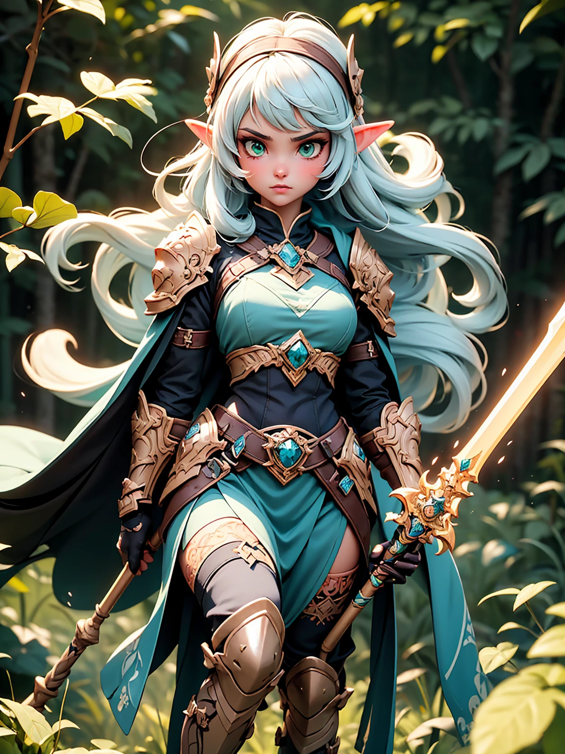 (((Masterpiece, best quality, high detailed, 8k))) Design a layout showcase Gaming character, (1girl). Light pink hair, green eyes, wearing a futuristic armor, wielding an empowering spear. (masterpiece:1.2), (best quality), ultra-detailed. (Step by step design, layout art:1.5), (luminous lighting, atmospheric lighting). Majestic elf in a magnificent forest with beautiful lighting. ((glove full hands)), intricate vambraces, high-tech legwear, (((full_body_shot:1.4))). The elf stands gracefully amidst ancient, towering trees, their leaves shimmering with a magical glow. The futuristic armor, a blend of sleek metal and glowing energy lines, contrasts beautifully with the natural surroundings. Her light pink hair flows softly around her, framing her elegant face with piercing green eyes that radiate wisdom and strength. The empowering spear she holds is adorned with mystical runes and a radiant crystal at its tip, pulsing with an ethereal light. She exudes an aura of power and serenity, perfectly harmonized with the enchanting beauty of the forest around her. Art style inspired by Artgerm, Kawacy, and Wadim Kashin.