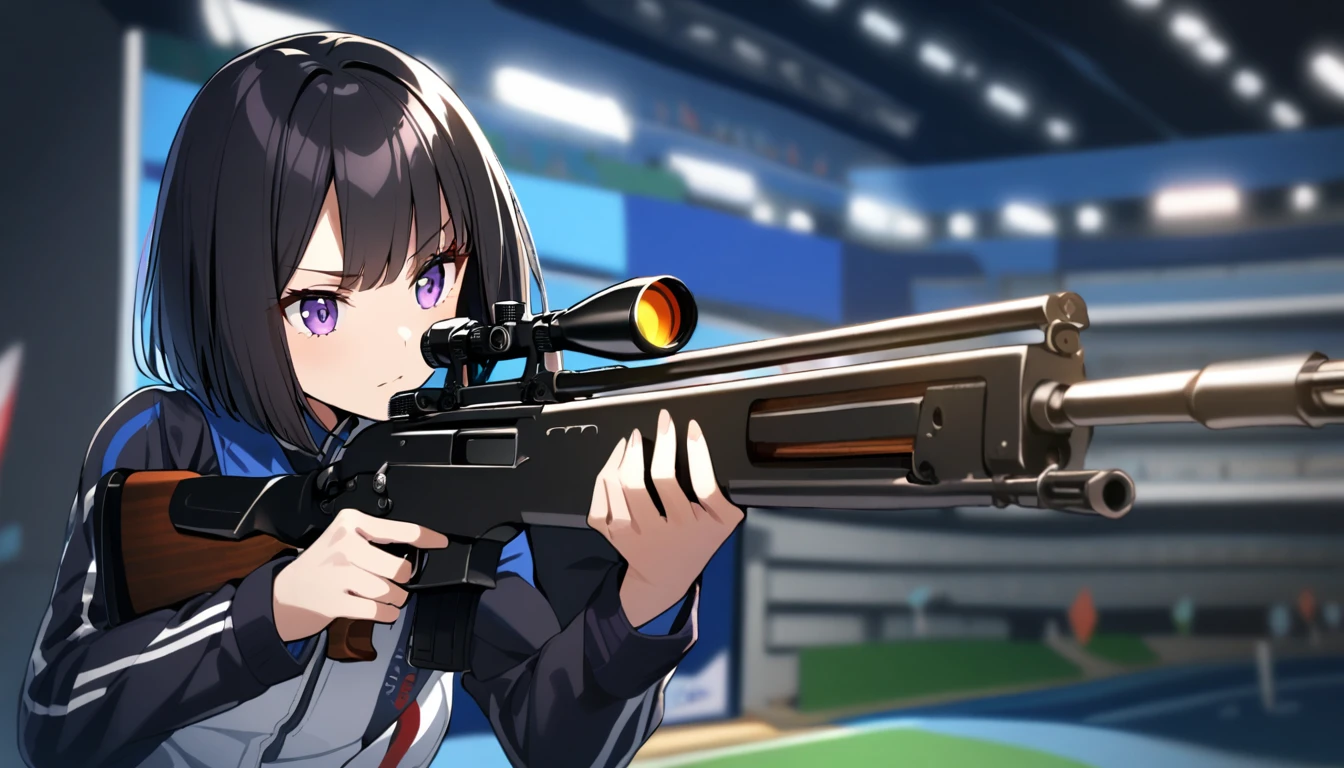 1girl,one length bob cut hair,parted_bangs,black hair,purple eyes,small breasts,Olympic competition rifle shooting,