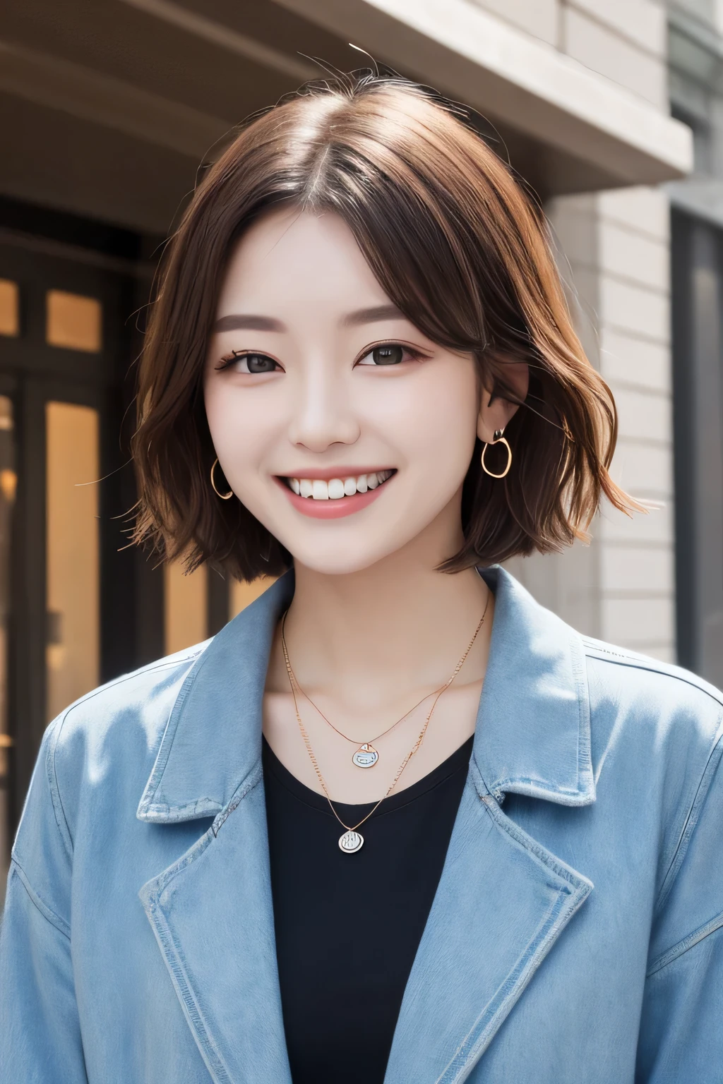 Highest quality, ,smile、Beautiful teeth alignment、Light brown hair、Short Haircut、Dark eyeliner、Jacket、shirt、ear piercing、necklace,、The background is the building's corridor.