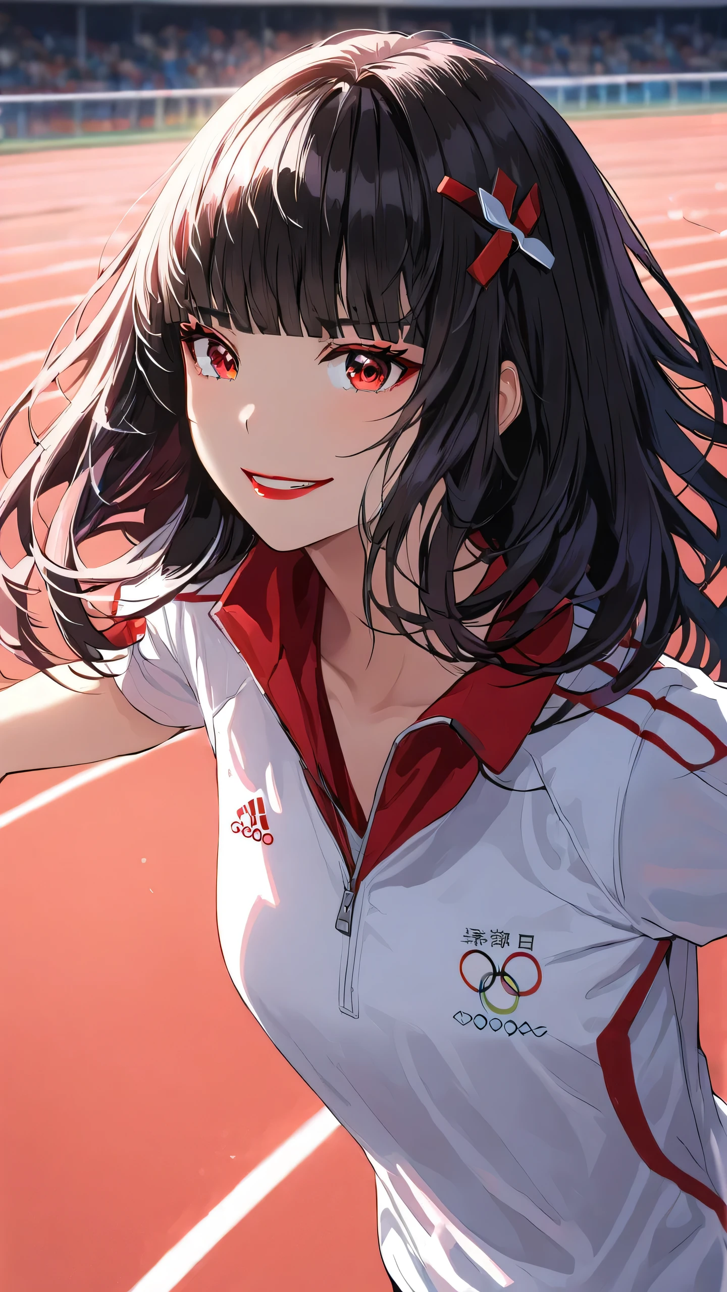 highest quality、masterpiece、1 girl, running track background、black hair :1.5、red eyes 、red lips, olympics uniform 、Black and white world、Black and white world、medium hair 、side blade,evil smile, blunt bangs , hair ornaments, 
