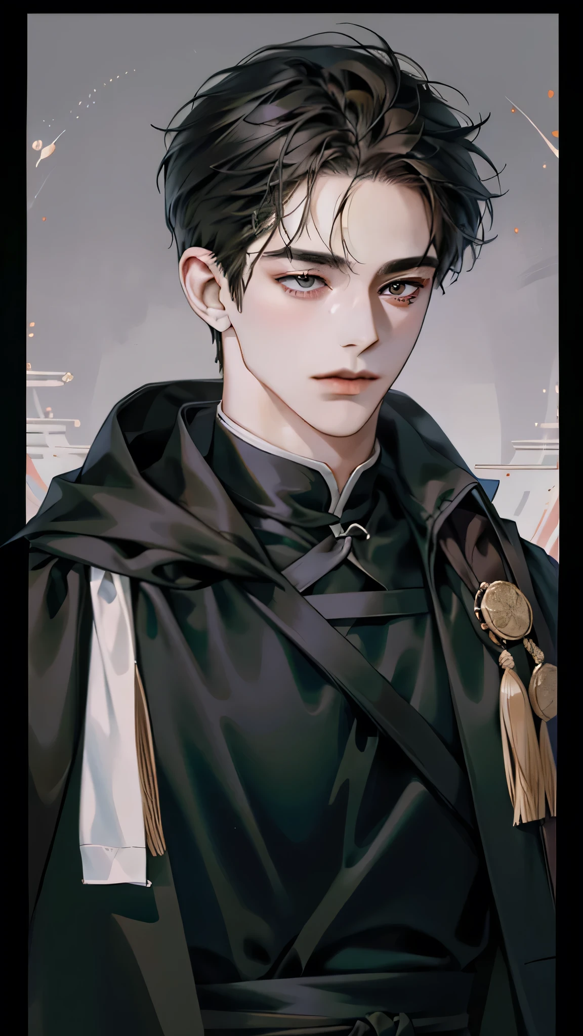 masterpiece, Best of quality, Actual, 1 person, Mature male, Quiet and charming of young people, 25 years old, Fake laugh, Shut up, portrait, Extremely detailed face, A little far, ((black eyes)), ((Short dark brown hair)), [Thick eyebrows], Dark Palace, ((Long black cloak)), (of), ((full black)), Handsome of male