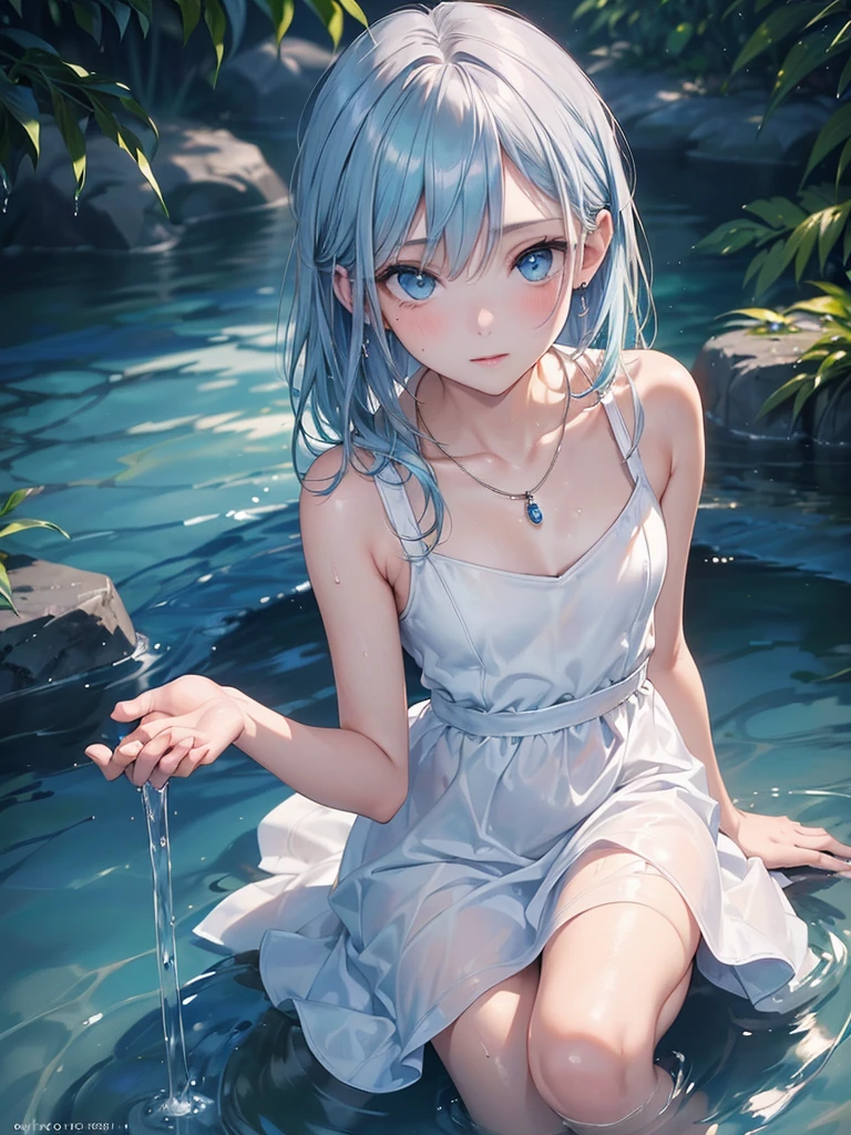Rei Ayanami, (Face the camera directly), (Immerse in water to ankle depth,), Realistic beautiful girl full body portrait, , Fantastic face, In a sitting position, playing in the water, 8k resolution concept art portrait, Midsummer sky and Japan countryside, Cinematic, elegant organic framing, Reallife Human,
