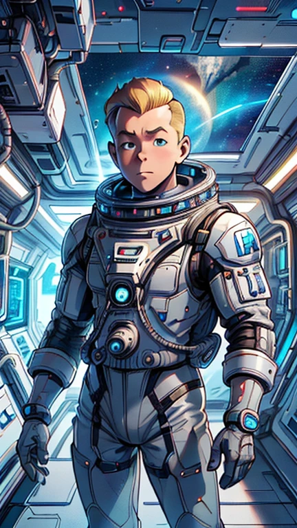 (1man, Tintin,1boy), (extremely detailed CG unit 8k wallpaper),(master part), (best quality), (ultra detail), (best illustration),(CyberpunkAI), cowboy shot,(Sharp eyeliner, ombre, detailed eyes:1),Outer Space Station interiors background,break,(astronaut in a space suit),upper body,short hair,blonde hair, 