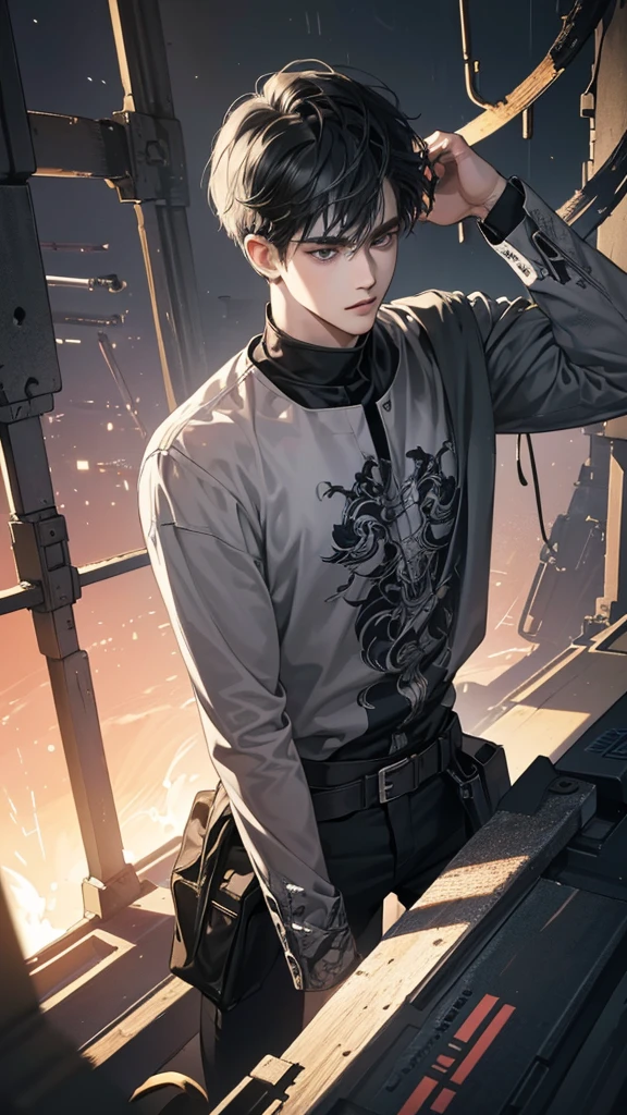 (Best quality digital art digital illustration 4k high resolution beautiful image ultra detailed image perfect lines dark lights wallpaper) (1:1. Reality) (Neutral color hdr 1.4) (Anime style) A 25-year-old adult male (Expressionless、Perfect face with details) Medium Black Hair Modern Clothing Dystopia