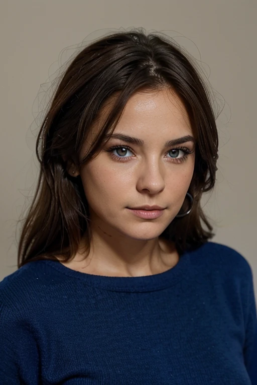 Brune au yeux bleu clair, avec des petites taches de rousseurs sur le visage, cheveux courts 