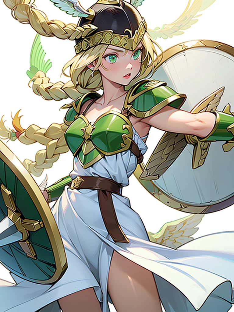 (White background,1girl:1.4),masterpiece,best quality,18yo, beautiful girl,BREAK,(sword,shield,Armor:1.5),(Helmet with wings:1.4),(Beautiful blonde,braid,Green Eyes:1.5),BREAK,(White Dress:1.3),(move chart:1.3),