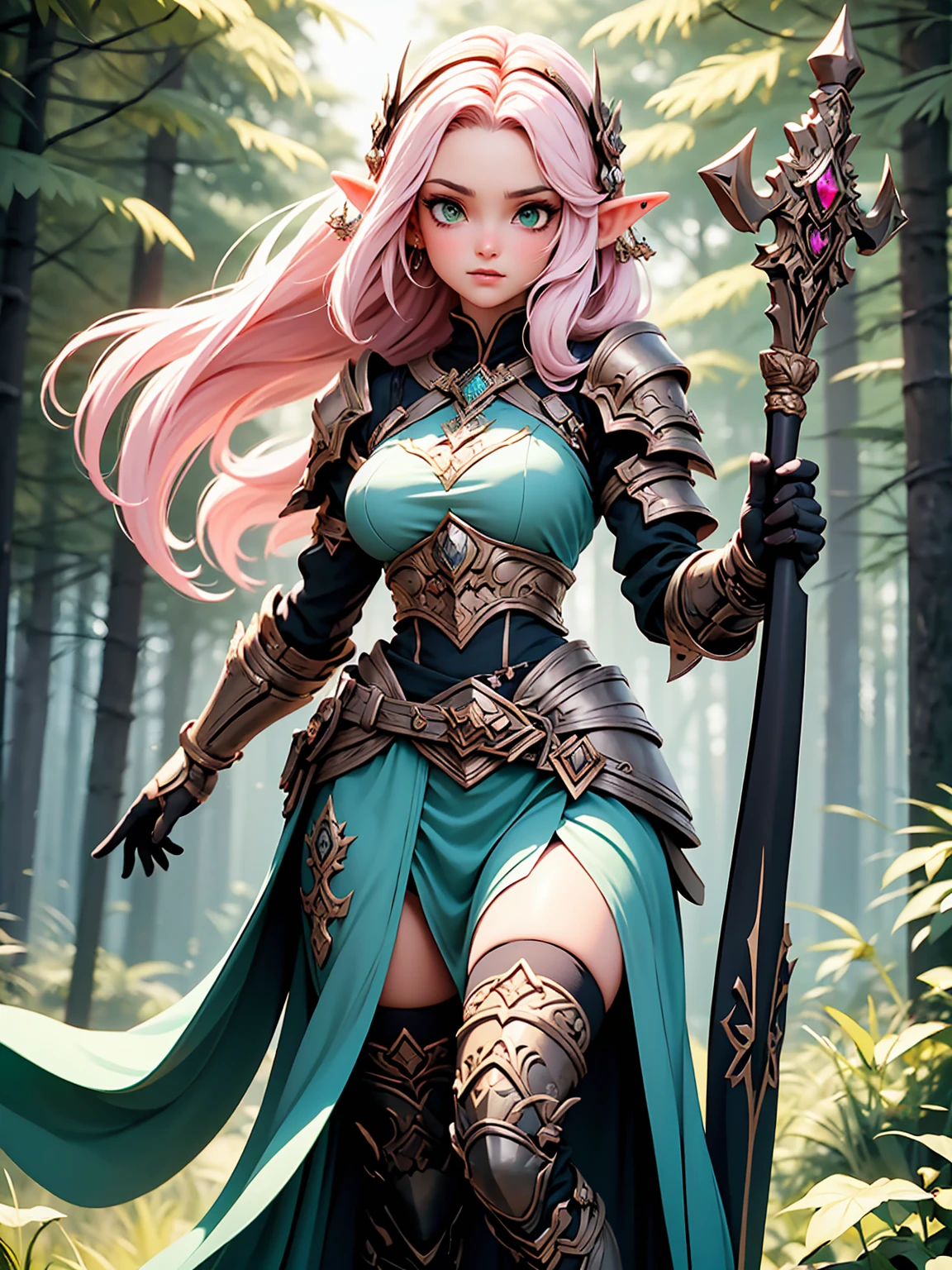(((Masterpiece, best quality, high detailed, 8k))) Design a layout showcase Gaming character, (1girl). Light pink hair, green eyes, wearing a futuristic armor, wielding an empowering spear. (masterpiece:1.2), (best quality), ultra-detailed. (Step by step design, layout art:1.5), (luminous lighting, atmospheric lighting). Majestic elf in a magnificent forest with beautiful lighting. ((glove full hands)), intricate vambraces, high-tech legwear, (((full_body_shot:1.4))). The elf stands gracefully amidst ancient, towering trees, their leaves shimmering with a magical glow. The futuristic armor, a blend of sleek metal and glowing energy lines, contrasts beautifully with the natural surroundings. Her light pink hair flows softly around her, framing her elegant face with piercing green eyes that radiate wisdom and strength. The empowering spear she holds is adorned with mystical runes and a radiant crystal at its tip, pulsing with an ethereal light. She exudes an aura of power and serenity, perfectly harmonized with the enchanting beauty of the forest around her. Art style inspired by Artgerm, Kawacy, and Wadim Kashin.