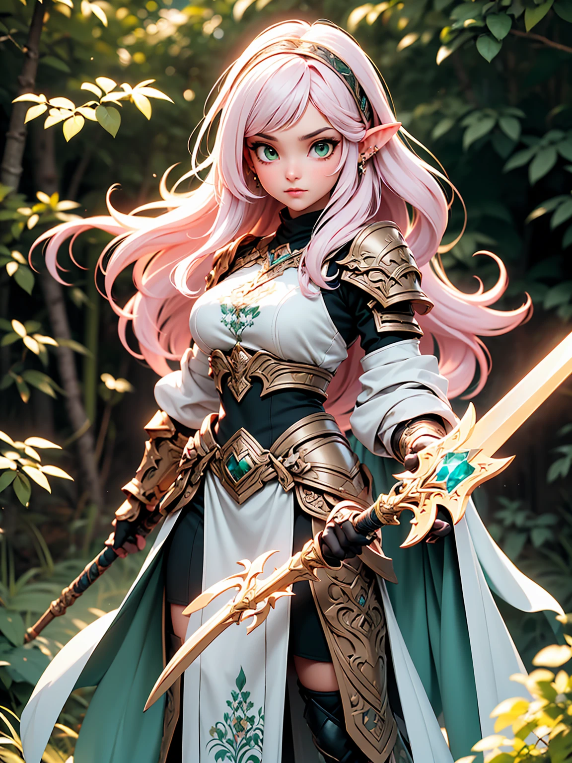 (((Masterpiece, best quality, high detailed, 8k))) Design a layout showcase Gaming character, (1girl). Light pink hair, green eyes, wearing a futuristic armor, wielding an empowering spear. (masterpiece:1.2), (best quality), ultra-detailed. (Step by step design, layout art:1.5), (luminous lighting, atmospheric lighting). Majestic elf in a magnificent forest with beautiful lighting. ((glove full hands)), intricate vambraces, high-tech legwear, (((full_body_shot:1.4))). The elf stands gracefully amidst ancient, towering trees, their leaves shimmering with a magical glow. The futuristic armor, a blend of sleek metal and glowing energy lines, contrasts beautifully with the natural surroundings. Her light pink hair flows softly around her, framing her elegant face with piercing green eyes that radiate wisdom and strength. The empowering spear she holds is adorned with mystical runes and a radiant crystal at its tip, pulsing with an ethereal light. She exudes an aura of power and serenity, perfectly harmonized with the enchanting beauty of the forest around her. Art style inspired by Artgerm, Kawacy, and Wadim Kashin.