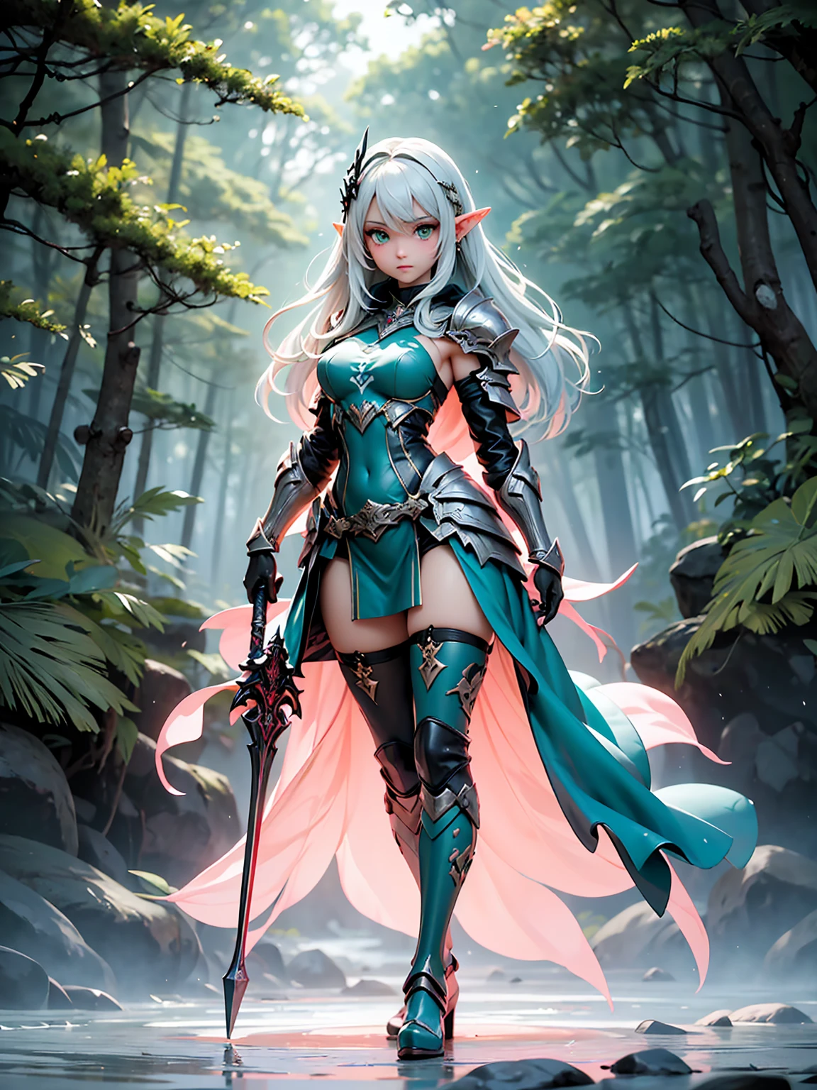 (((Masterpiece, best quality, high detailed, 8k))) Design a layout showcase Gaming character, (1girl). Light pink hair, green eyes, wearing a futuristic armor, wielding an empowering spear. (masterpiece:1.2), (best quality), ultra-detailed. (Step by step design, layout art:1.5), (luminous lighting, atmospheric lighting). Majestic elf in a magnificent forest with beautiful lighting. ((glove full hands)), intricate vambraces, high-tech legwear, (((full_body_shot:1.4))). The elf stands gracefully amidst ancient, towering trees, their leaves shimmering with a magical glow. The futuristic armor, a blend of sleek metal and glowing energy lines, contrasts beautifully with the natural surroundings. Her light pink hair flows softly around her, framing her elegant face with piercing green eyes that radiate wisdom and strength. The empowering spear she holds is adorned with mystical runes and a radiant crystal at its tip, pulsing with an ethereal light. She exudes an aura of power and serenity, perfectly harmonized with the enchanting beauty of the forest around her. Art style inspired by Artgerm, Kawacy, and Wadim Kashin.