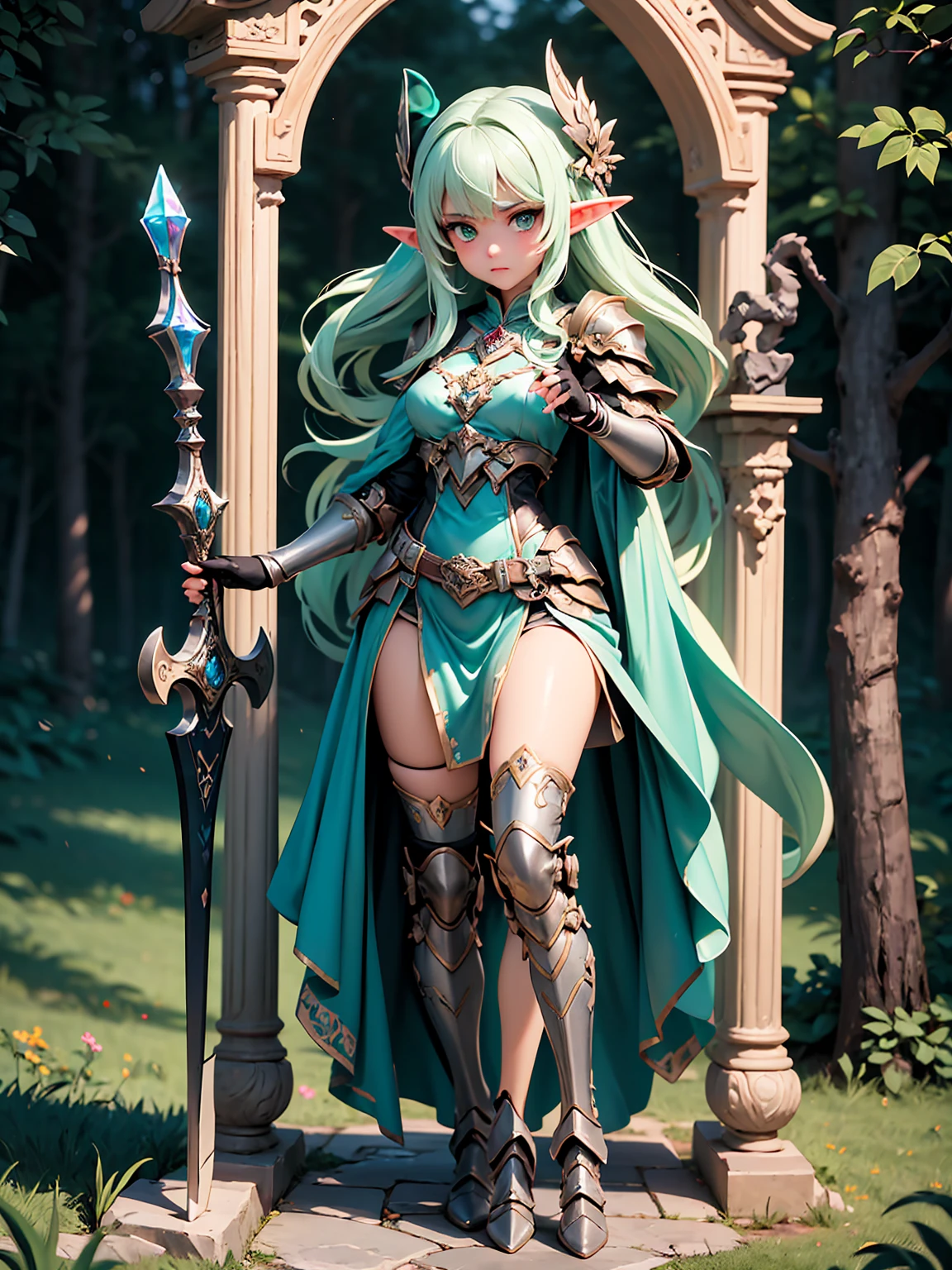 (((Masterpiece, best quality, high detailed, 8k))) Design a layout showcase Gaming character, (1girl). Light pink hair, green eyes, wearing a futuristic armor, wielding an empowering spear. (masterpiece:1.2), (best quality), ultra-detailed. (Step by step design, layout art:1.5), (luminous lighting, atmospheric lighting). Majestic elf in a magnificent forest with beautiful lighting. ((glove full hands)), intricate vambraces, high-tech legwear, (((full_body_shot:1.4))). The elf stands gracefully amidst ancient, towering trees, their leaves shimmering with a magical glow. The futuristic armor, a blend of sleek metal and glowing energy lines, contrasts beautifully with the natural surroundings. Her light pink hair flows softly around her, framing her elegant face with piercing green eyes that radiate wisdom and strength. The empowering spear she holds is adorned with mystical runes and a radiant crystal at its tip, pulsing with an ethereal light. She exudes an aura of power and serenity, perfectly harmonized with the enchanting beauty of the forest around her. Art style inspired by Artgerm, Kawacy, and Wadim Kashin.