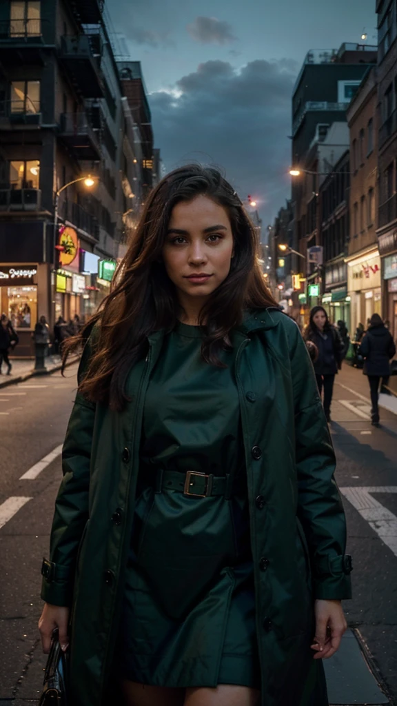 A woman, wearing a dark green coat, on the streets of Manhattan, with the golden hue of the sunset behind her. (best quality,4k,photography), detailed coat, bustling urban atmosphere, vibrant colors, evening light