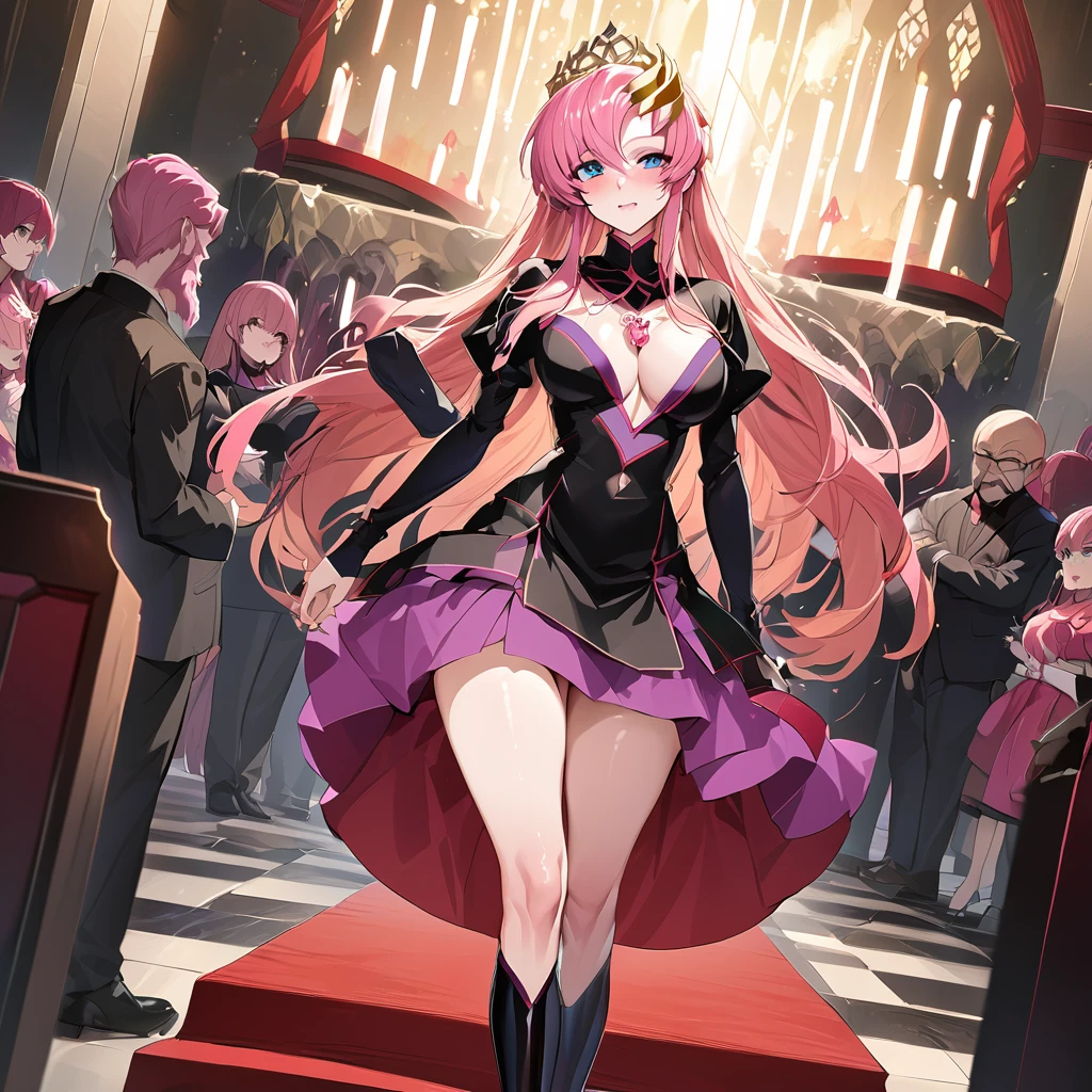 ((Highest quality)), ((masterpiece)), (detailed), （Perfect Face）、The woman is Lacus Clyne, a shrine maiden of the evil god, a saint of darkness, and the wife of the leader of the evil god cult. She has blue eyes, medium-long pink hair, a hair ornament, a gorgeous black shrine maiden outfit of the evil god, an evil god necklace, evil accessories, a gorgeous evil god head chain tiara, and an engagement ring.、The woman is the wife of a middle-aged, bearded cult leader who is revered by a mysterious cult of evil gods.、He is standing at the altar of the Evil God Cult with a mysterious cult leader dressed in luxurious cult leader clothing.