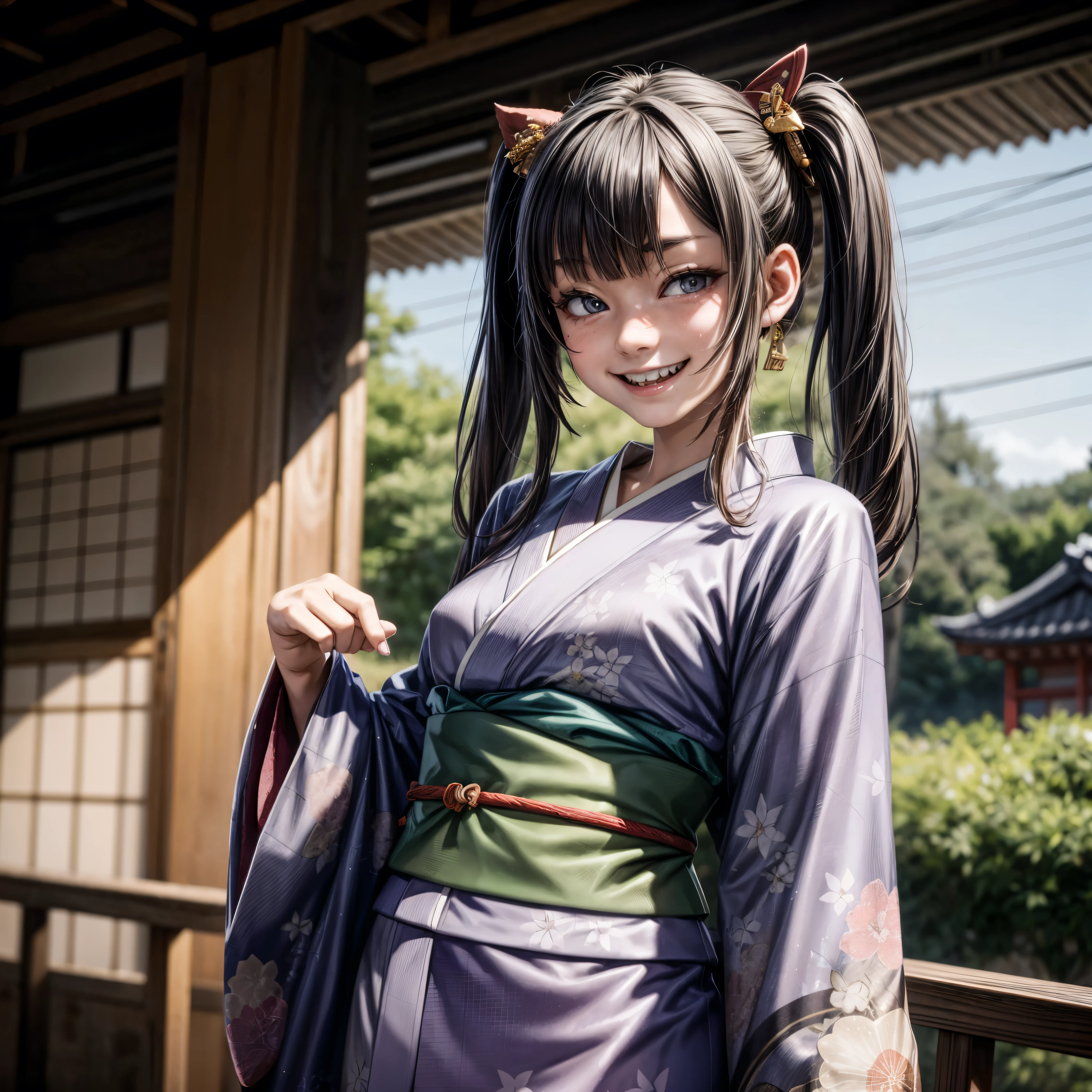 hyper realistic, young japanese girl, ((bad crooked teeth)) , ((yaeba teeth smile )), ((wearing a kimono))