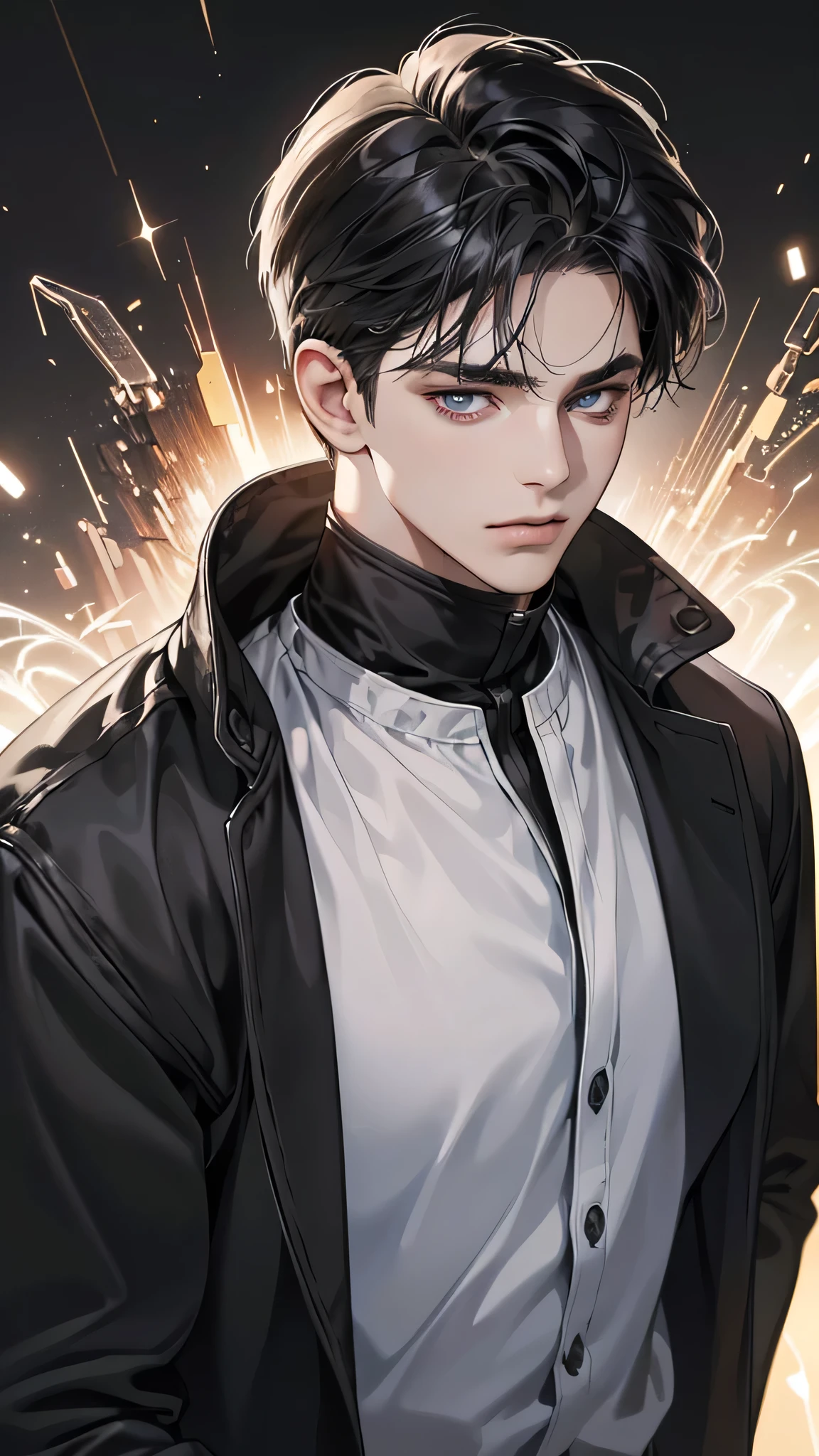 (Best quality digital art digital illustration 4k high resolution beautiful image ultra detailed image perfect lines soft lighting night environment smooth zoom perfect face) (1:1. Reality) (Neutral color hdr 1.4) A 25-year-old adult male (Thoughtful expression) Very beautiful eyes dark black medium black hair modern clothes black (Dark background)