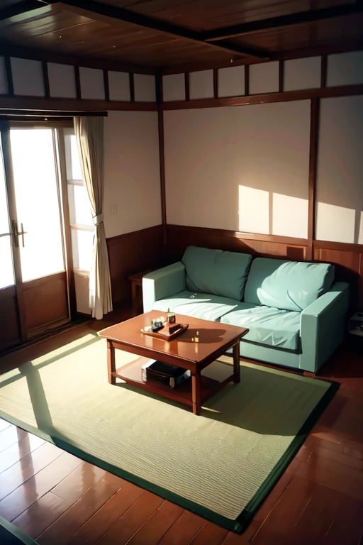 inside a cosy Japaneses living room looking over Tokyo  