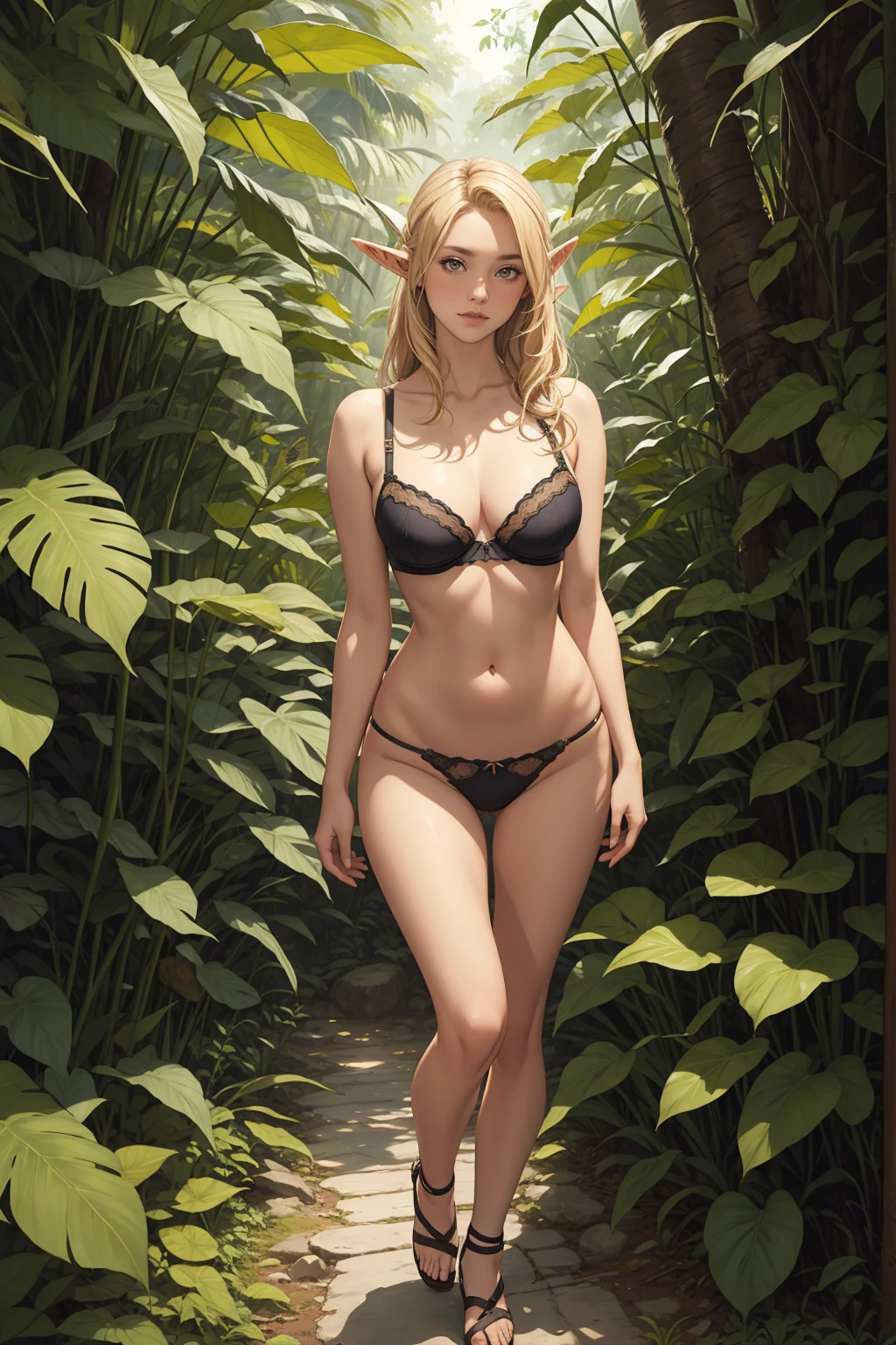 1girl, long blonde hair, long ear ((elf)), large breasts, bra and panties made from leaf, lush jungle, smiling, fullbody shot, standing at the tall tree branch,