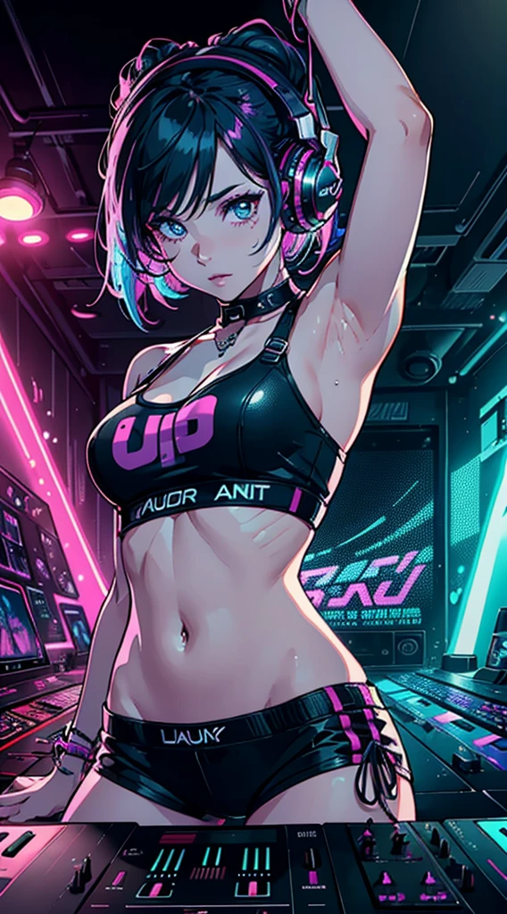 upper body, female dj, colorful clothes , quirky, vibrant appearance, playful accessories, creative behavior, imaginative, sensual, spontaneous, dj headphones, mixing console, music club, night club, indie theaters, people dancing on the dance floor background, underground danceclub, highest quality, skin texture, intricate details, (cinematic lighting), RAW photo, 8k