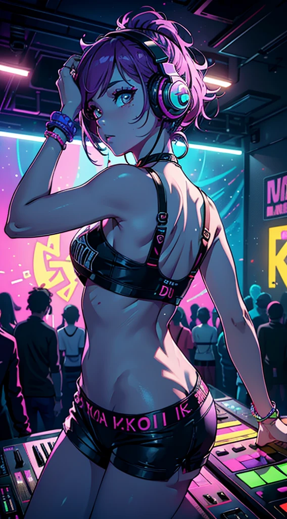 upper body, female dj, colorful clothes , quirky, vibrant appearance, playful accessories, creative behavior, imaginative, sensual, spontaneous, dj headphones, mixing console, music club, night club, indie theaters, people dancing on the dance floor background, underground danceclub, highest quality, skin texture, intricate details, (cinematic lighting), RAW photo, 8k