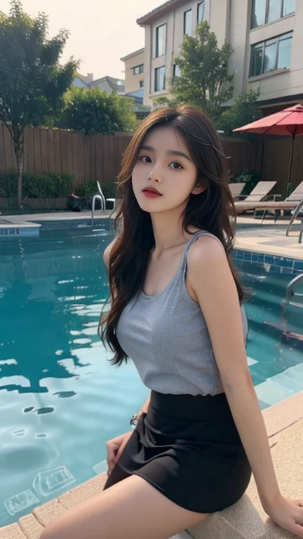 1 Girl,swimming pool,Soft Light,Chinese Beauty,Tank top,skirt,Long hair